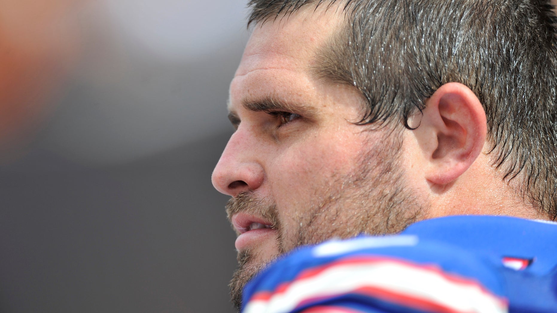 This Sunday, Sept. 23, 2012 photo shows Buffalo Bills guard Andy Levitre during an NFL football game against the Cleveland Browns in Cleveland. Levitre has never missed a game - let alone a start - during his four years with the Buffalo Bills He will make it 64 straight on Sunday, Dec. 30, 2012 when the Bills close their season against the New York Jets. What Levitre isn't sure of is whether it will be his final one with Buffalo with his contract set to expire. (AP Photo/David Richard)