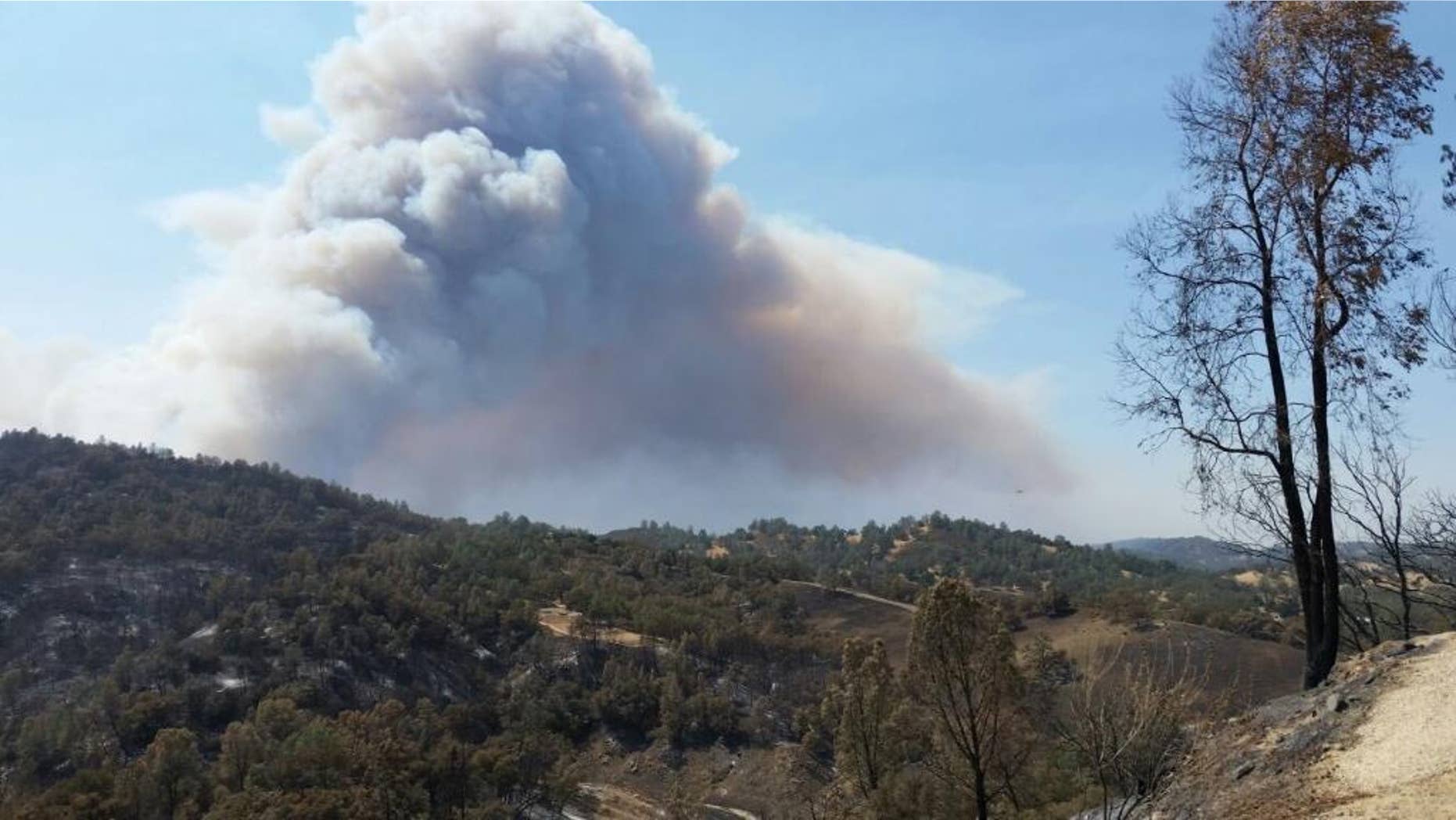 This photo provided by California Department of Forestry and Fire Protection shows smoke billowing from a wildfire in San Luis Obispo County, Calif., Saturday, Aug. 20, 2016. (California Department of Forestry and Fire Protection via AP)