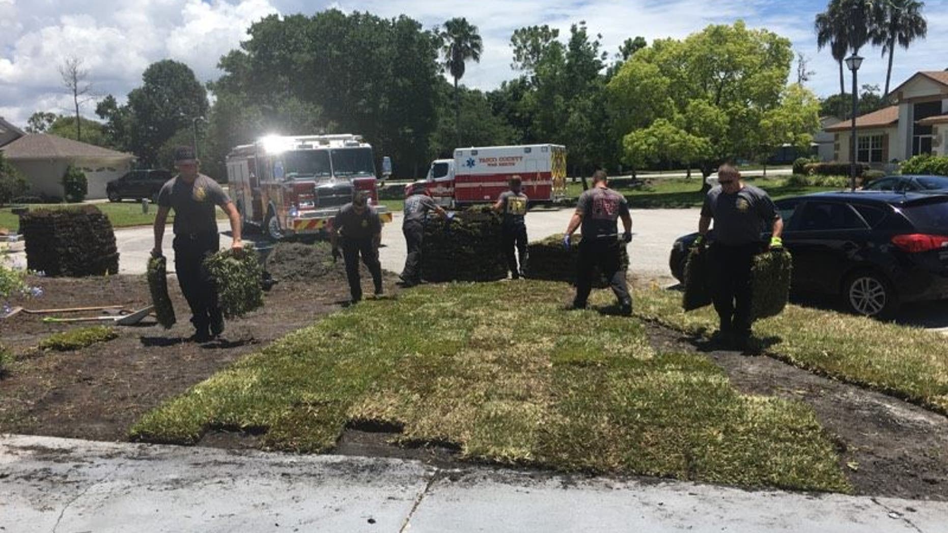 When Gene Work had a heart attack and couldn't finish his yard work, firefighters from the Pasco County Fire Rescue in Florida stepped in to help.