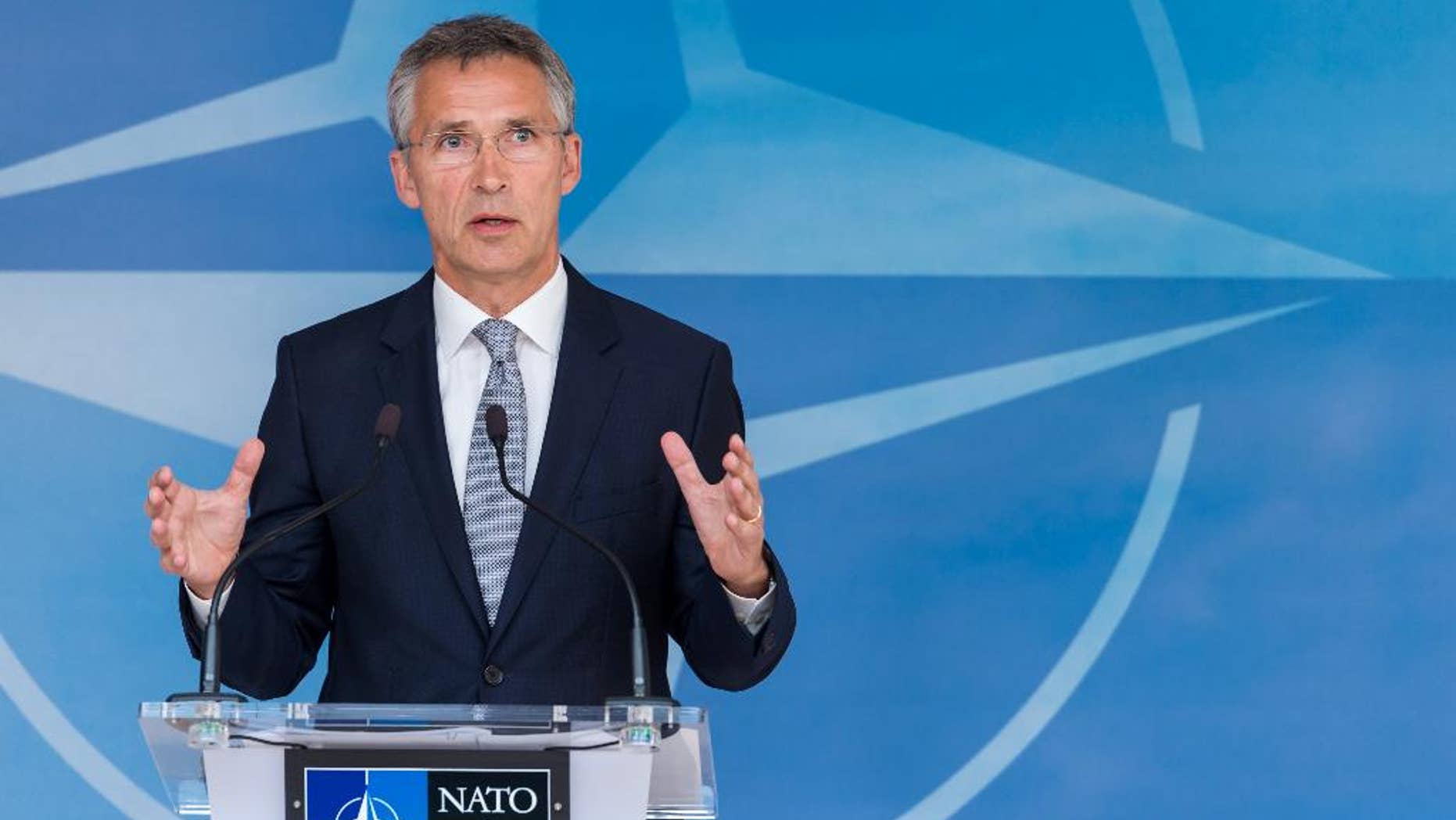 NATO Secretary General Jens Stoltenberg addresses the media after a North Atlantic Council Meeting at NATO headquarters in Brussels on Tuesday July 28, 2015. For just the fifth time in its 66-year history, NATO ambassadors met in emergency session Tuesday to gauge the threat the Islamic State extremist group poses to Turkey, and the debated actions Turkish authorities are taking in response. (AP Photo/Geert Vanden Wijngaert)