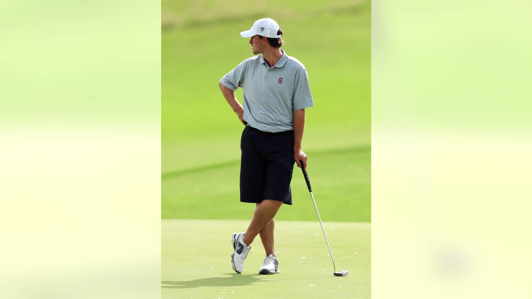 FILE - In this May 24, 2014, file photo, Stanford's Cameron Wilson waits to putt on the sixth green during the second round of the NCAA college men's golf championship at Prairie Dunes Country Club in Hutchinson, Kan. This week's Travelers Championship will feature the pro debuts of several of the top amateur players in the world, including Stanford teammates Patrick Rodgers and Wilson. (AP Photo/The Hutchinson News, Travis Morisse)