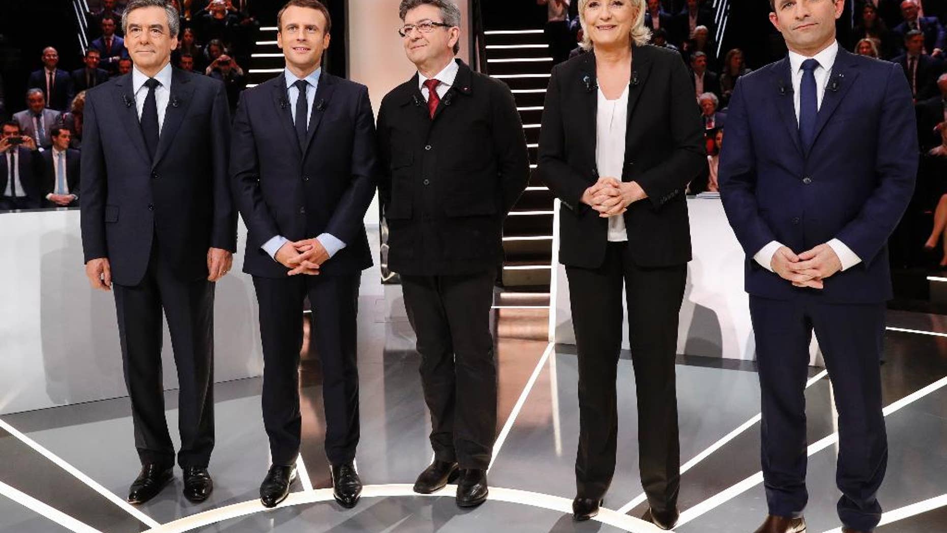 From left to right: conservative candidate Francois Fillon, independent centrist candidate Emmanuel Macron, far-left candidate Jean-Luc Melenchon, far-right candidate Marine Le Pen and socialist candidate Benoit Hamon.