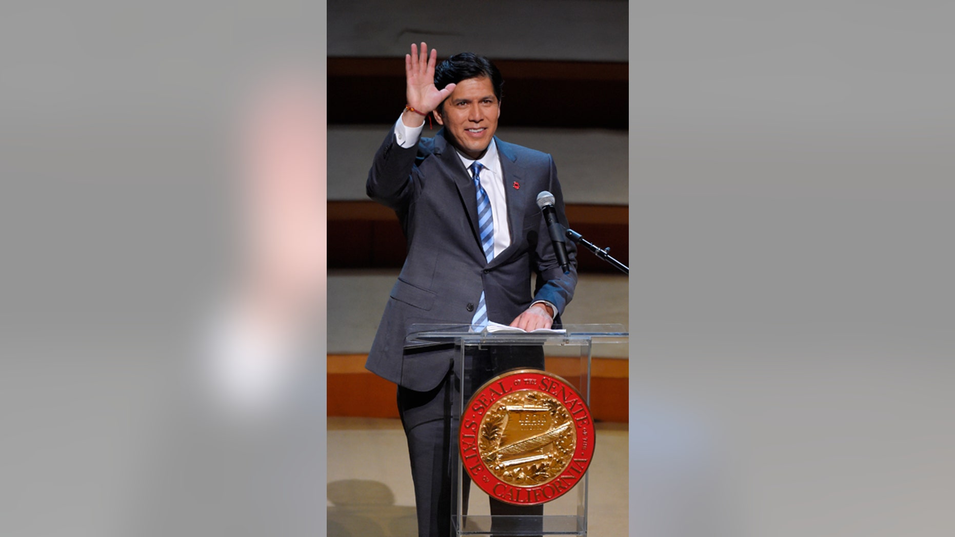Oct. 15, 2014: Democratic Sen. Kevin de Leon, the 47th President pro Tempore of the California State Senate, speaks to supporters after being sworn in Los Angeles. Two-thousand guests were invited to the expensive soiree to celebrate the swearing-in of the first Latino to head the California Senate in more than a century.