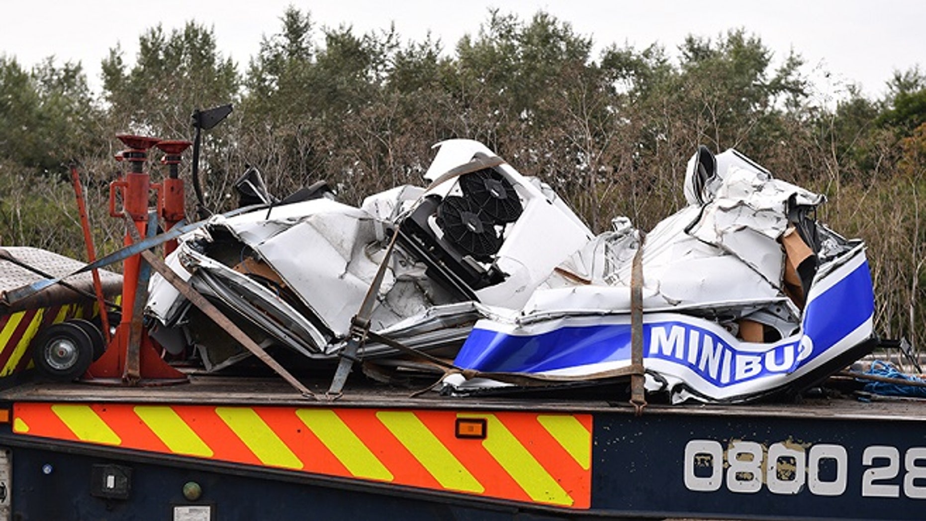 A crash involving two trucks and a minibus on a British highway killed at least eight people on Saturday, Aug. 26, 2017.