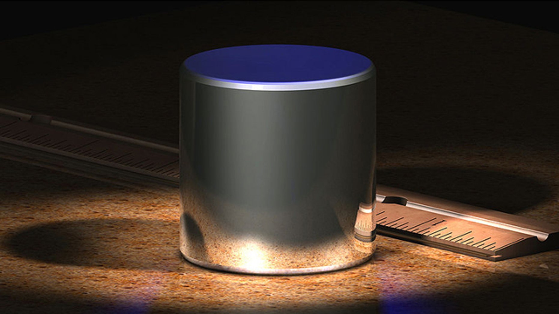 A computer-generated image of the International Prototype kilogram (IPK), which is made from an alloy of 90% platinum and 10% iridium and machined into a cylinder.