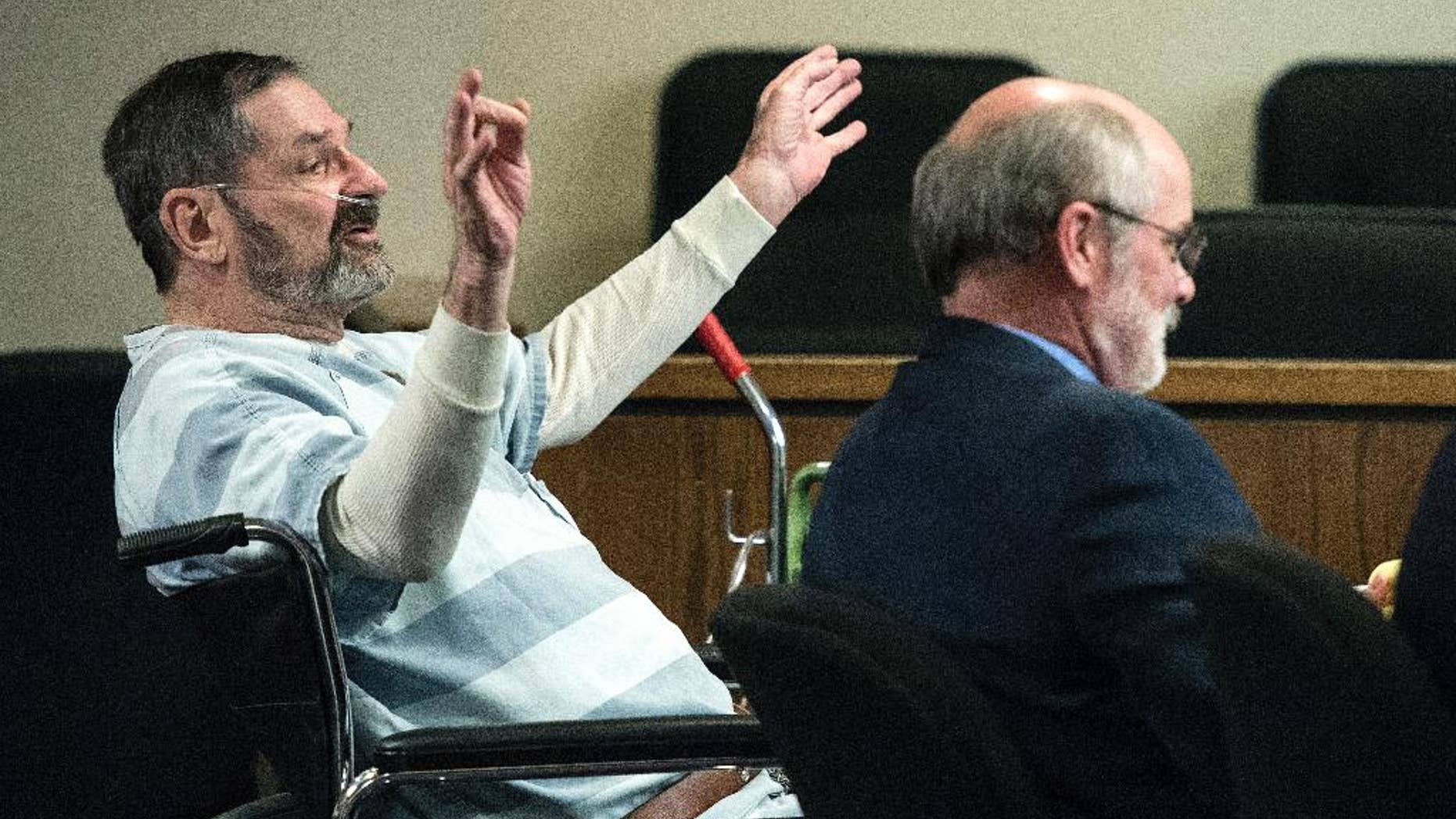 FILE- In this March 27, 2015, file photo, Frazier Glenn Miller, left, appears in court at the Johnson County Courthouse, in Olathe, Kan., where he asked for his right to a speedy trial. Frazier Glenn Miller, who is accused of killing three people at two Jewish centers, told The Associated Press in a phone call from jail on Monday, April 27, 2015, that he doesn't think he has much longer to live and wants a chance to speak in court about why he committed the crimes. (John Sleezer/The Kansas City Star via AP, File)