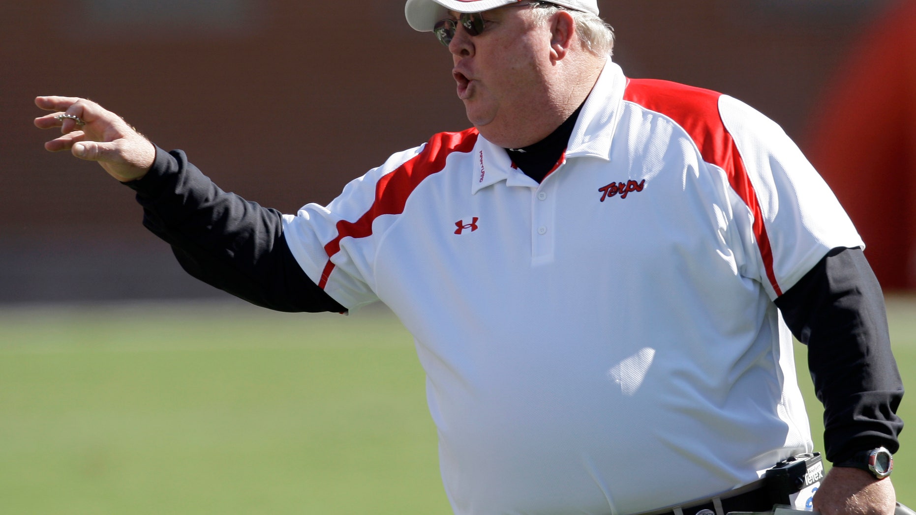 FILE - In this Oct. 18, 2008 file photo, Maryland coach Ralph Friedgen yells from the sidelines during the first half of an NCAA college football game against Wake Forest in College Park, Md. Friedgen was recently hired as the offensive coordinate at Rutgers. (AP Photo/Rob Carr, File)