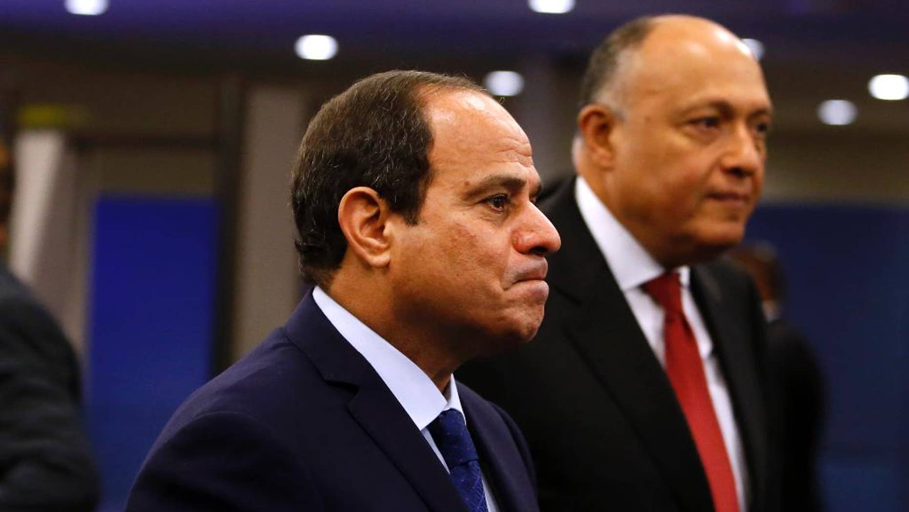 FILE - In this Monday, Sept. 28, 2015 file photo, Egypt's President Abdel Fattah el-Sissi arrives for the 70th session of the United Nations General Assembly at U.N. headquarters. In just the last three weeks, according to rights lawyers, nearly 1,300 were detained by police as the highly militarized force went after organizers and demonstrators protesting the surrender of control over two Red Sea islands to Saudi Arabia in a deal that raised suspicions about a sell-off. (AP Photo/Jason DeCrow, File)
