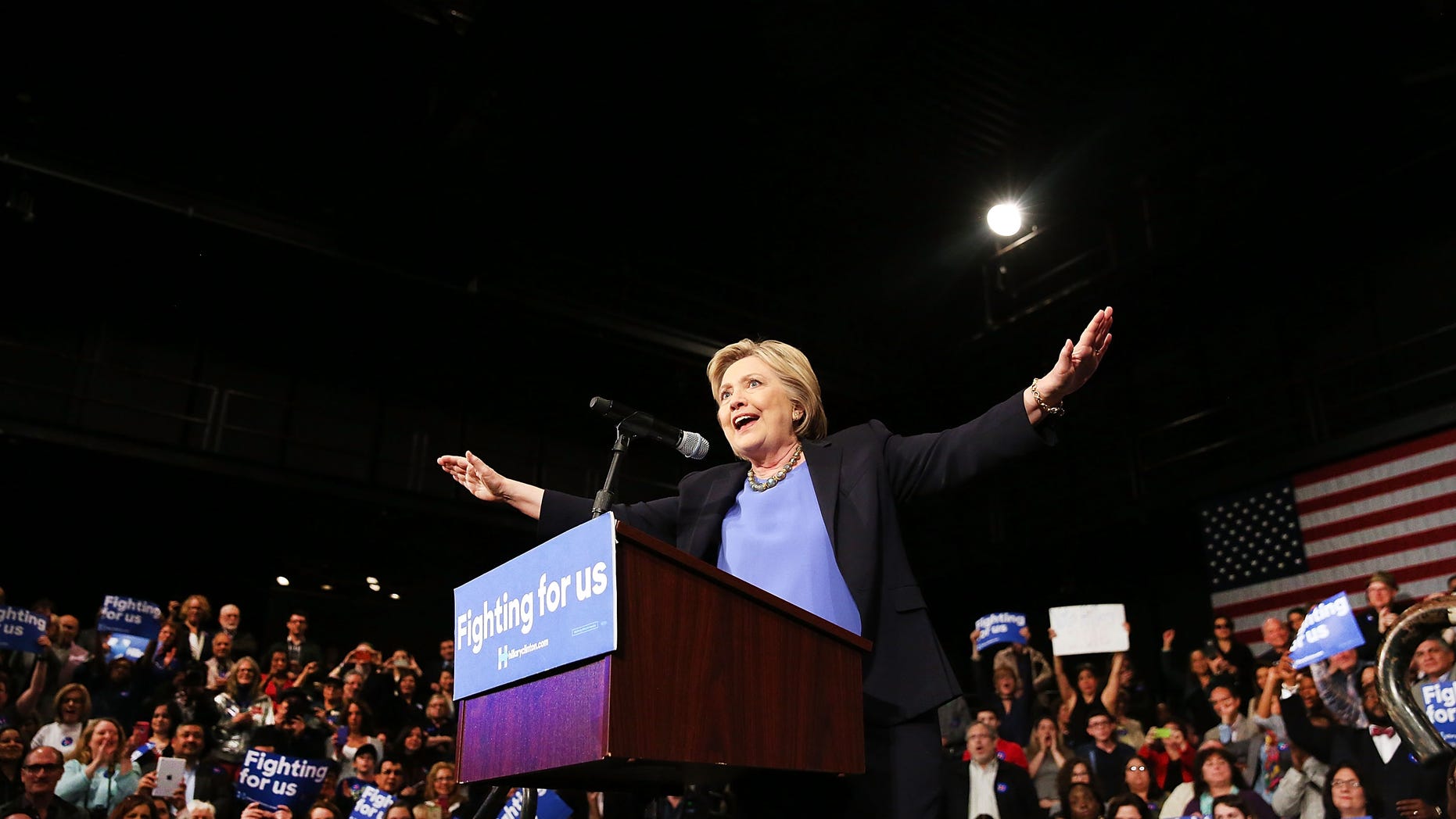 PURCHASE, NEW YORK - MARCH 31: Democratic presidential candidate Hillary Clinton works to silence a small group of Bernie Sanders supporters at SUNY Purchase on March 31, 2016 in Purchase, New York. Clinton gave a speech to both students and supporters that covered a host of domestic and international issues.ump. New York will hold its primaries on April 19. (Photo by Spencer Platt/Getty Images)