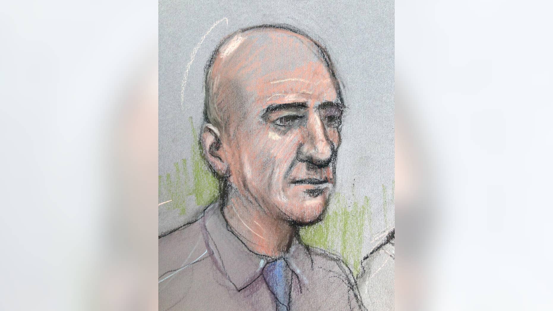 FILE - This Oct. 4, 2016 court sketch by court artist Elizabeth Cook shows Stephen Port appearing at The Old Bailey in London. Port was convicted Wednesday Nov. 23, 2016, of murdering three men he met on gay dating websites. (Elizabeth Cook/PA via AP, File)