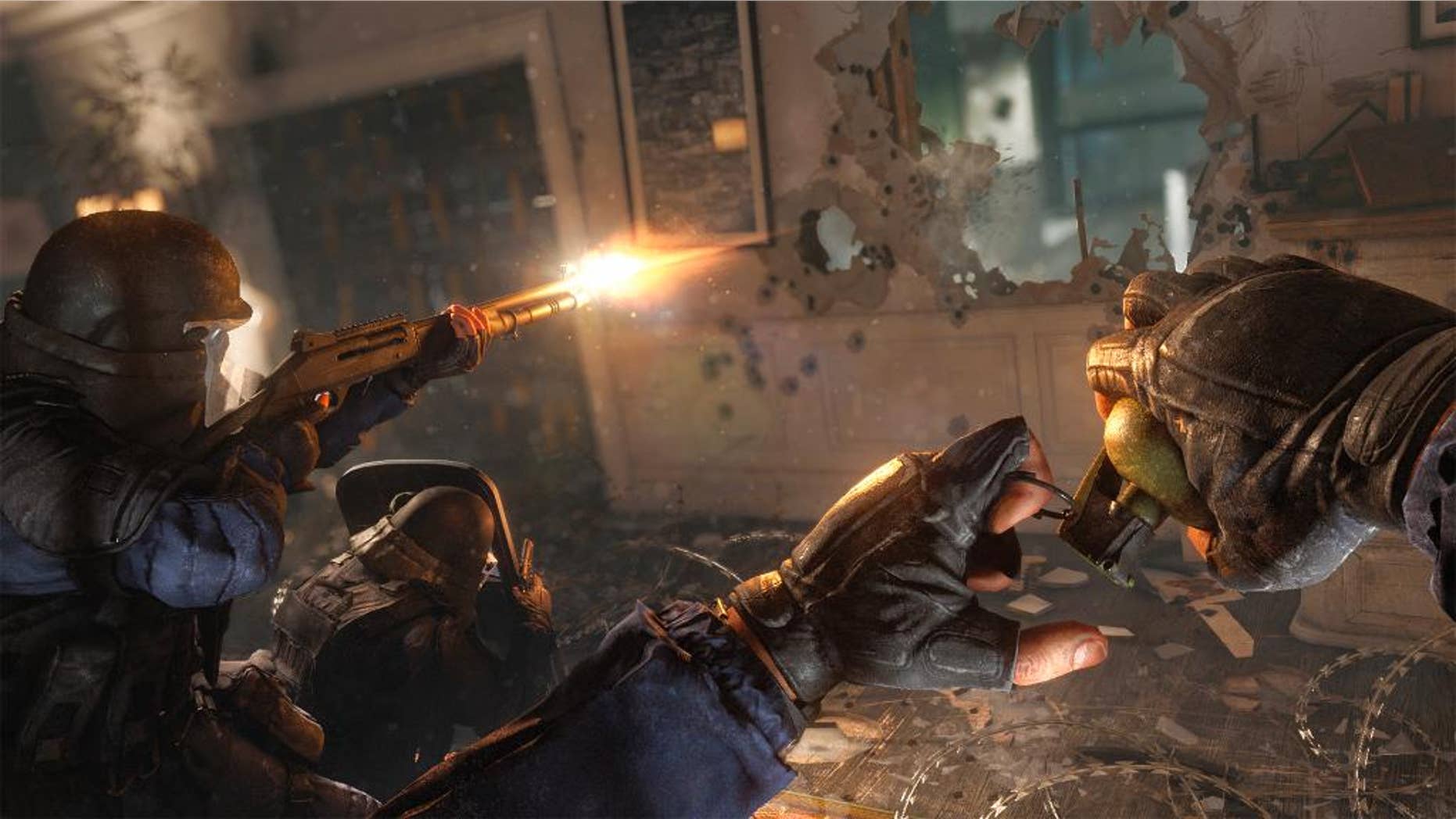 In this photo provided by Ubisoft, a commando squad battles a terrorist cell in the video game, "Tom Clancy's Rainbow Six Siege." The world of online video games can be a nightmare, an every-man-for-himself, kill-or-be-killed wasteland that brings out our most nihilistic impulses. But big publishers are hoping to change that with more games that force us to work together _ particularly as they try to invent multiplayer competitions that will appeal to the ever-expanding audience for “e-sports.” (Ubisoft via AP)