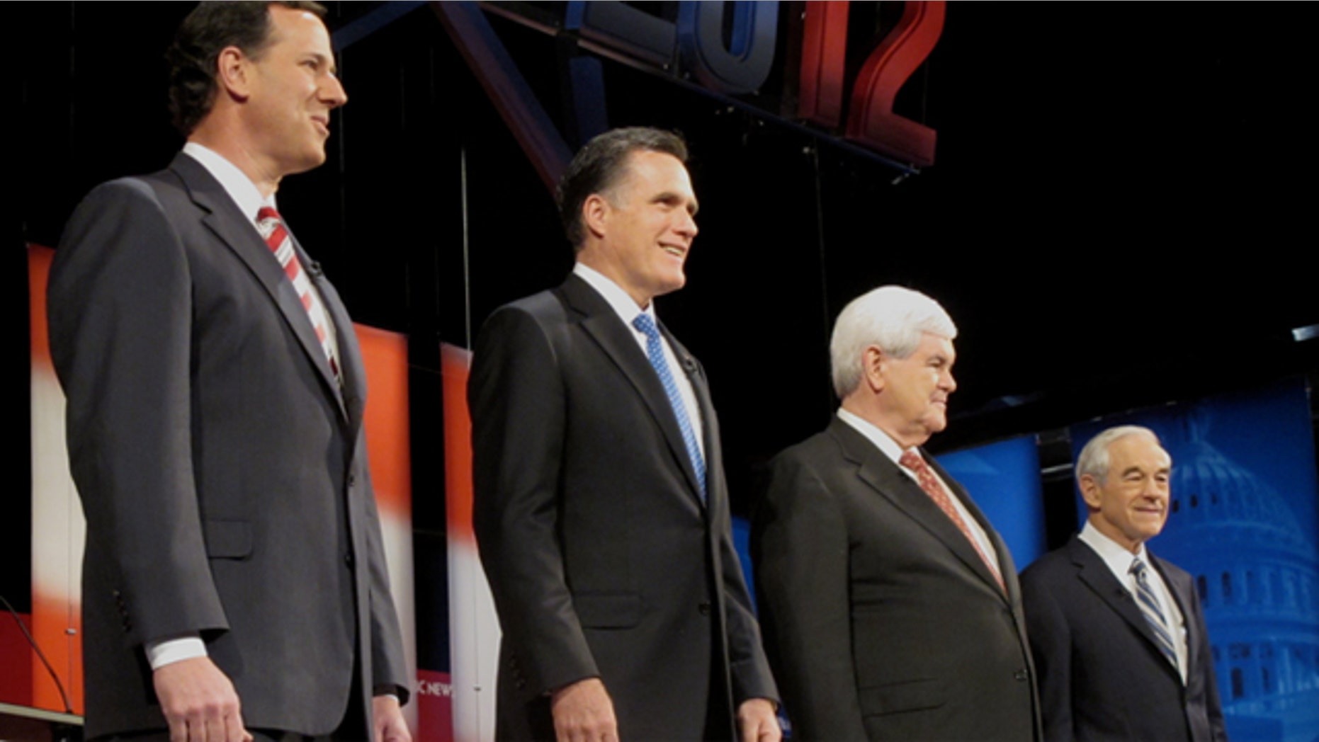 Jan. 23, 2012: Rick Santorum, Mitt Romney, Newt Gingrich and Ron Paul take the stage in Florida for the latest Republican presidential debate.