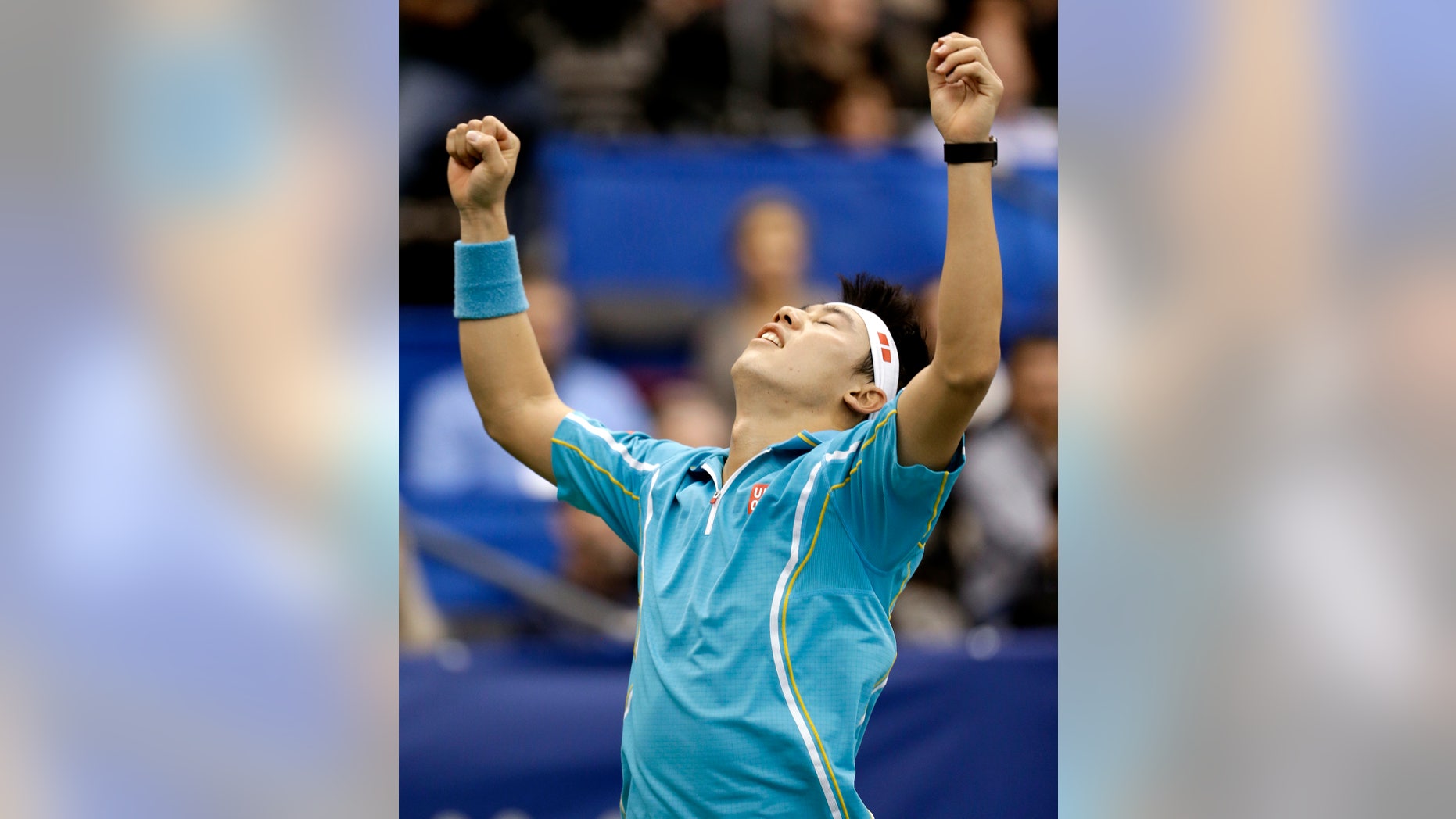 Kei Nishikori, of Japan, celebrates after defeating Feliciano Lopez, of Spain, in the final round match at the U.S. National Indoor Championships tennis tournament on Sunday, Feb. 24, 2013, in Memphis, Tenn. Nishikori won the match 6-2, 6-3. (AP Photo/Mark Humphrey)