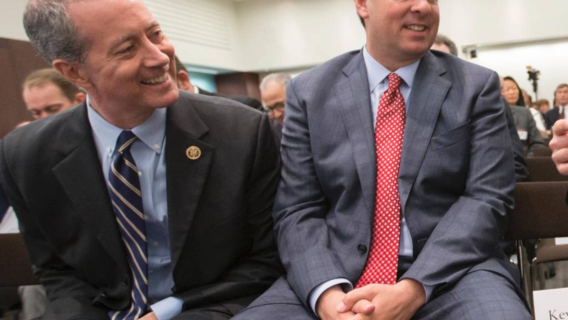 FILE - In this June 9, 2016, file photo, House Intelligence Committee Chairman Rep. Devin Nunes, R-Calif., right, and House Armed Services Committee Chairman Rep. Mac Thornberry, R-Texas, left, talk in Washington. Russia’s violation of a key nuclear arms control treaty has become more egregious, Nunes and Thornberry said in a letter released Oct. 19, that urged the Obama administration to confront and impose penalties against Moscow. (AP Photo/J. Scott Applewhite, File)