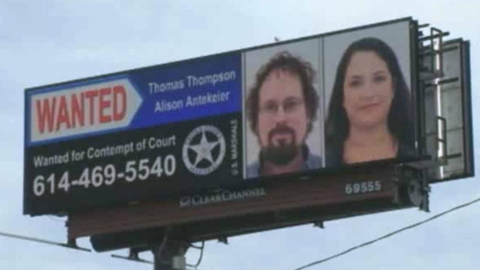 This image from undated video provided by WSYX-TV shows the wanted billboard for fugitives Tommy Thompson and Alison Antekeier. The U.S. Marshals Service captured former fugitive Tommy Thompson at a Hilton hotel in West Boca Raton on Tuesday Jan. 27, 2015. Thompson had been on the lam for two years, accused of cheating investors out of their share of $50 million in gold bars and coins he had recovered from the 19th century shipwreck S.S. Central America. (AP Photo/WSYX-TV)