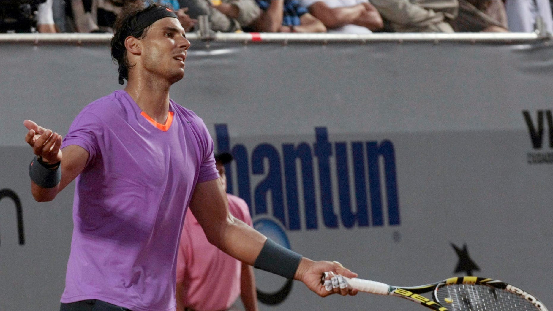 Spain's Rafael Nadal reacts during the VTR Open final tennis game against Argentina's Horacio Zeballos in Vina del Mar, Chile, Sunday, Feb. 10, 2013.
