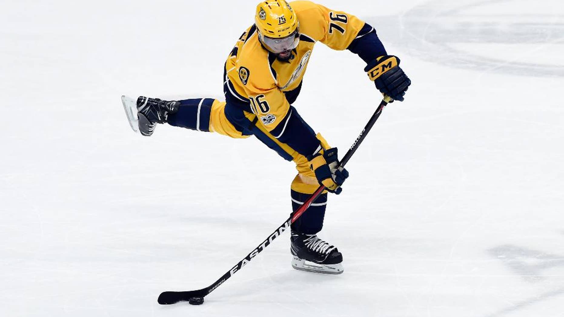 FILe - In this Feb. 26, 2017, file photo, Nashville Predators defenseman P.K. Subban plays against the Edmonton Oilers during the third period of an NHL hockey game, in Nashville, Tenn. The Predators swapped All-Star defensemen last summer hoping Subban could help boost their offense. After his first season, the Predators are among the NHL's best-scoring teams since the All-Star break. Now they hope he helps them go even deeper this postseason. (AP Photo/Mark Zaleski, File)