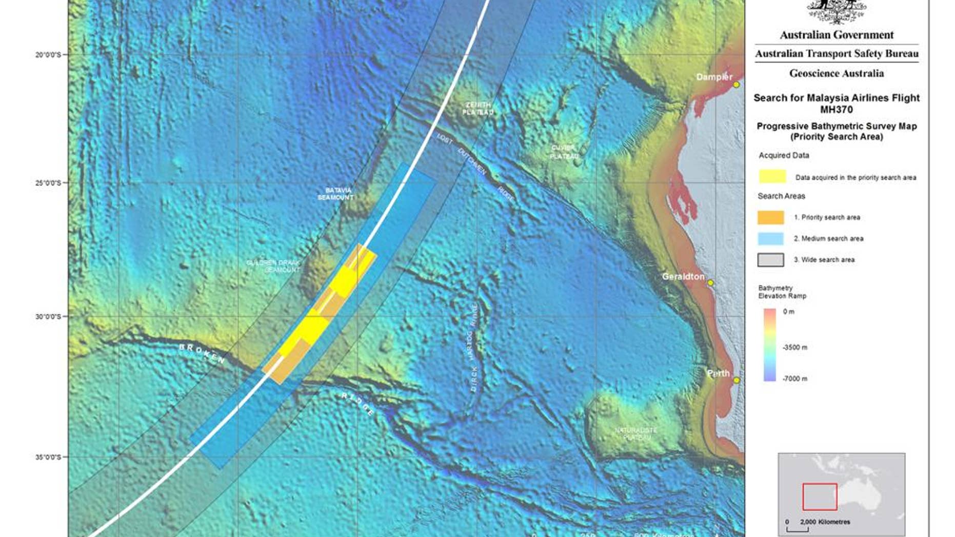 In this map released on July 31, 2014, by the Joint Agency Coordination Centre, details are presented in the search for the missing Malaysia Airlines Flight 370 in the southern Indian Ocean. Australian Transport Minister Warren Truss said on Wednesday, Aug. 6, 2014, that Dutch contractor Fugro Survey Pty. Ltd. will conduct the underwater search for the Malaysian airliner that crashed off the Australian coast in March. (AP Photo/Joint Agency Coordination Centre) EDITORIAL USE ONLY