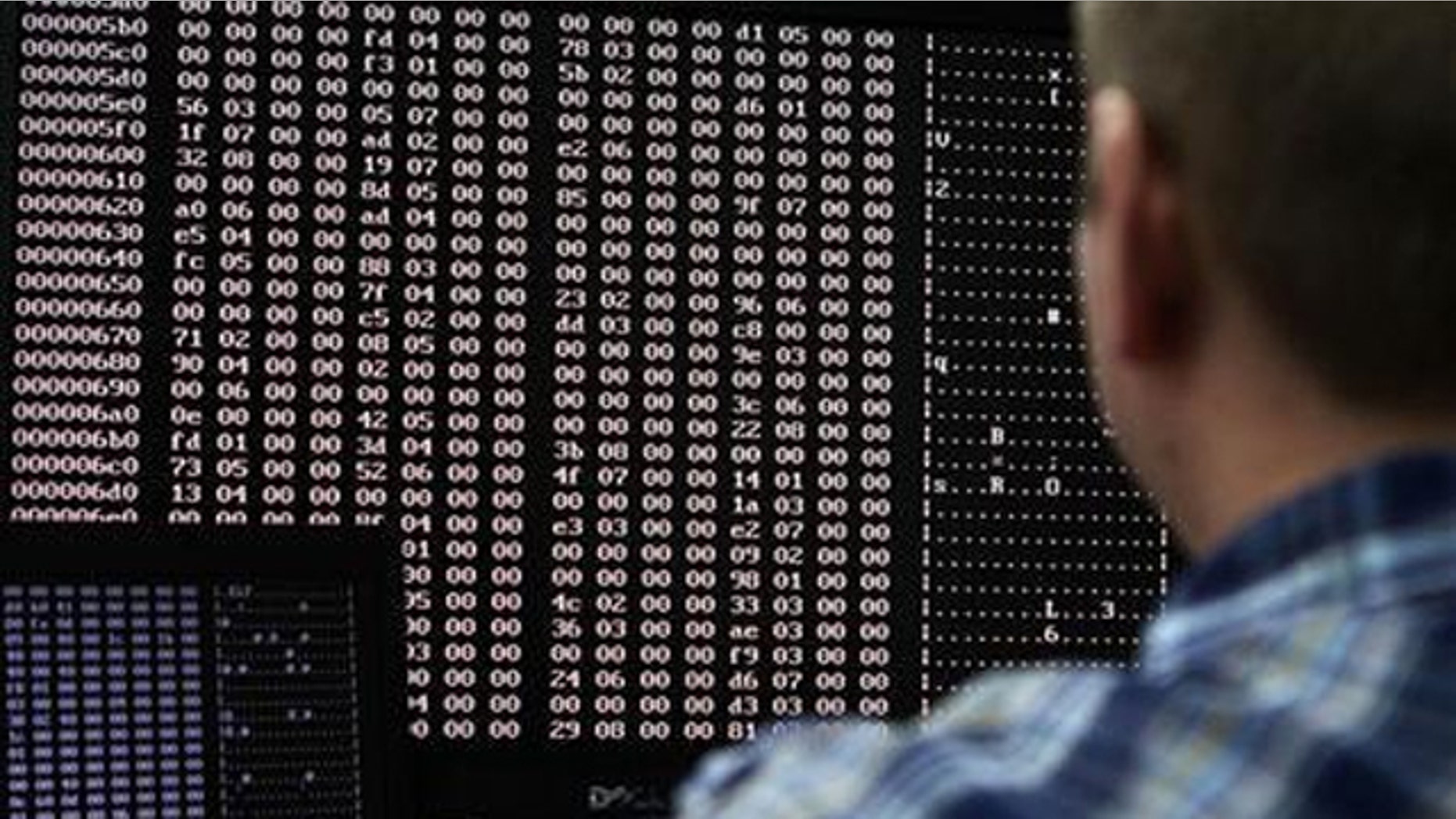 An analyst looks at code in the malware lab of a cyber security defense lab at the Idaho National Laboratory in Idaho Falls, Idaho.