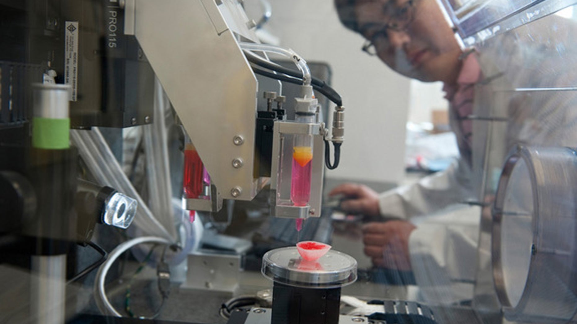 Hyun-Wook Kang oversees the 3D printer that will be used to print miniature organs for the "body on a chip" system.