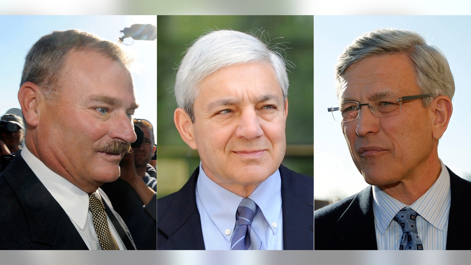 FILE - In these Nov. 7, 2011, file photo combination, former Penn State vice president Gary Schultz, left, and former Penn State director of athletics Tim Curley, right, and on July 29, 2013, former Penn State president Graham Spanier, center, are seen in Harrisburg, Pa. A pretrial hearing is scheduled for Tuesday, Dec. 17, 2013 that will determine whether the in the case of the three former Penn State administrators all accused of criminal cover-up in the Jerry Sandusky child sex abuse scandal, had their legal rights compromised by appearing before a grand jury investigating Sandusky nearly three years ago. (AP Photo/Brad Bower, left, Matt Rourke, right, File)
