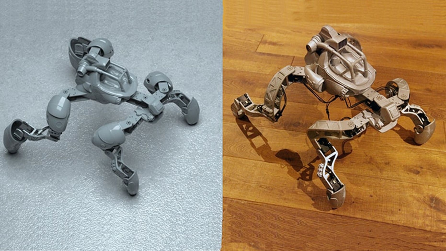 Digital designs for robotic creatures are shown on the left and the physical prototypes produced via 3-D printing are on the right. (Carnegie Mellon University)