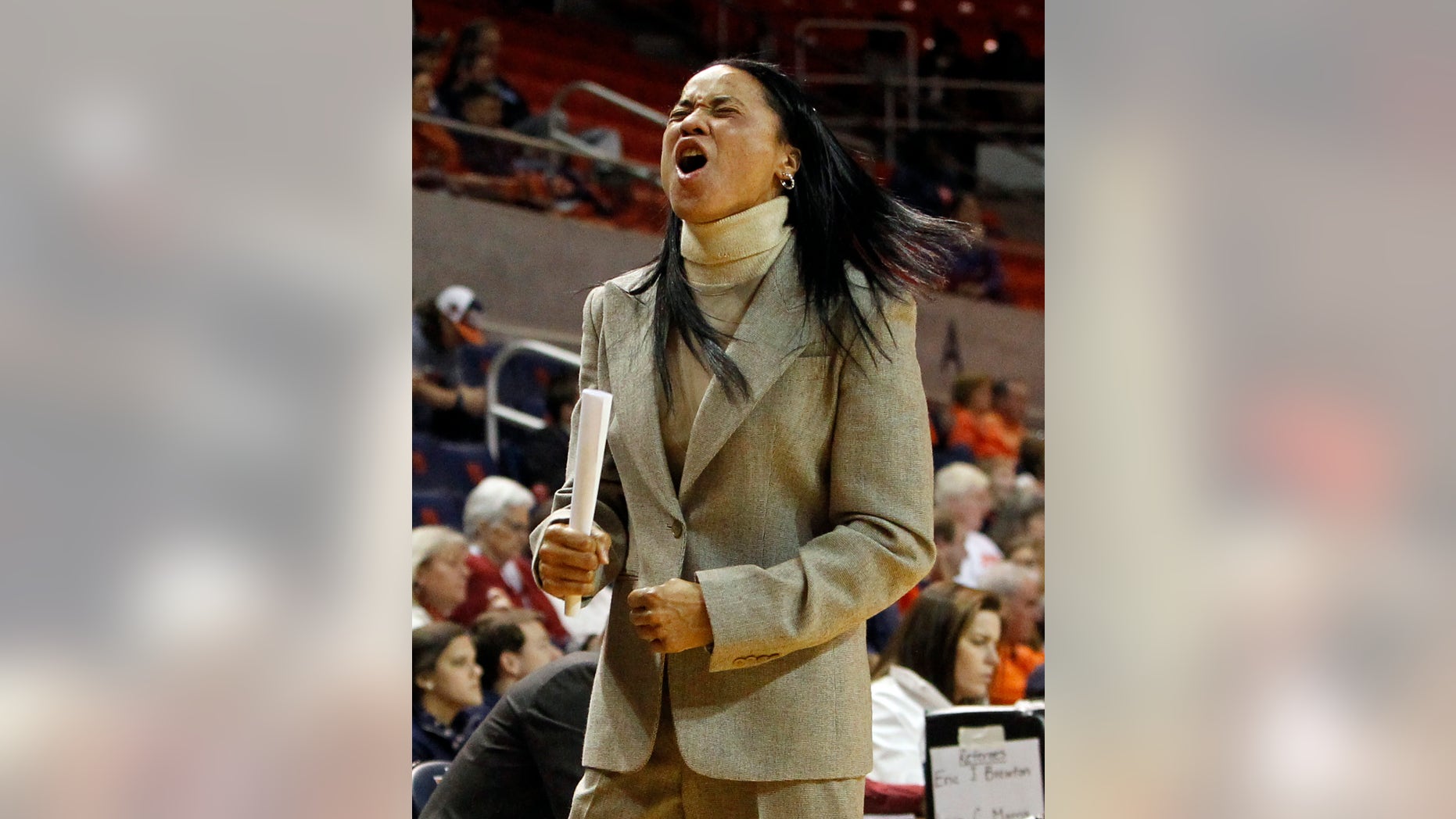 South Carolina's coach Dawn Staley reacts to a turnover during the second half of an NCAA college basketball game against Auburn, Sunday, Jan. 12, 2014, in Auburn, Ala. South Carolina defeated Auburn 72-66. (AP Photo/Butch Dill)