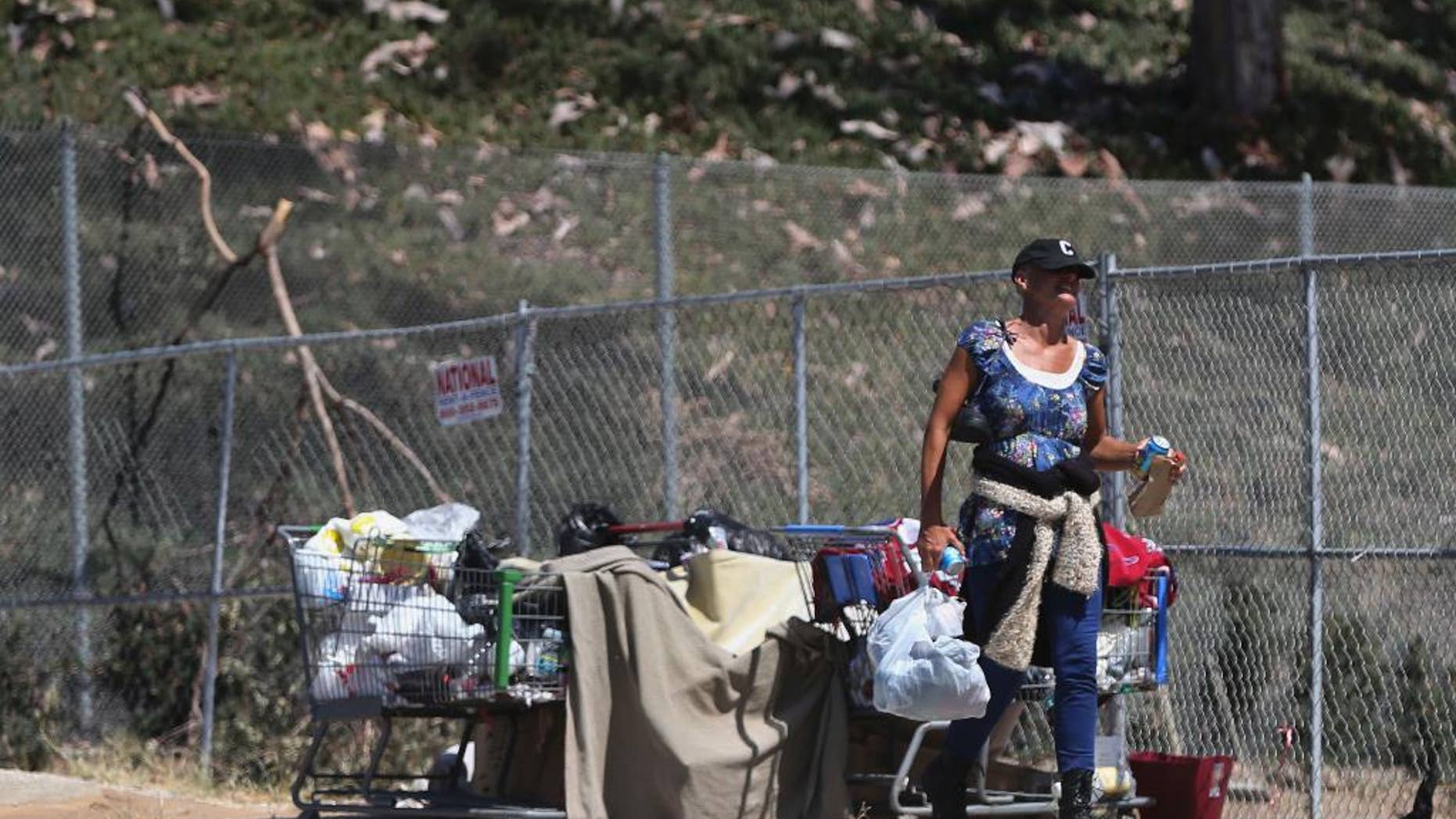 A woman keeps her belongings in shopping carts near an underpass where homeless people sleep Wednesday, July 6, 2016, in San Diego. Another San Diego homeless man was seriously injured early Wednesday by an attacker police say struck while he was asleep and tried to set him on fire, the latest in a spate of attacks on transients that have left two dead. (AP Photo/Lenny Ignelzi)