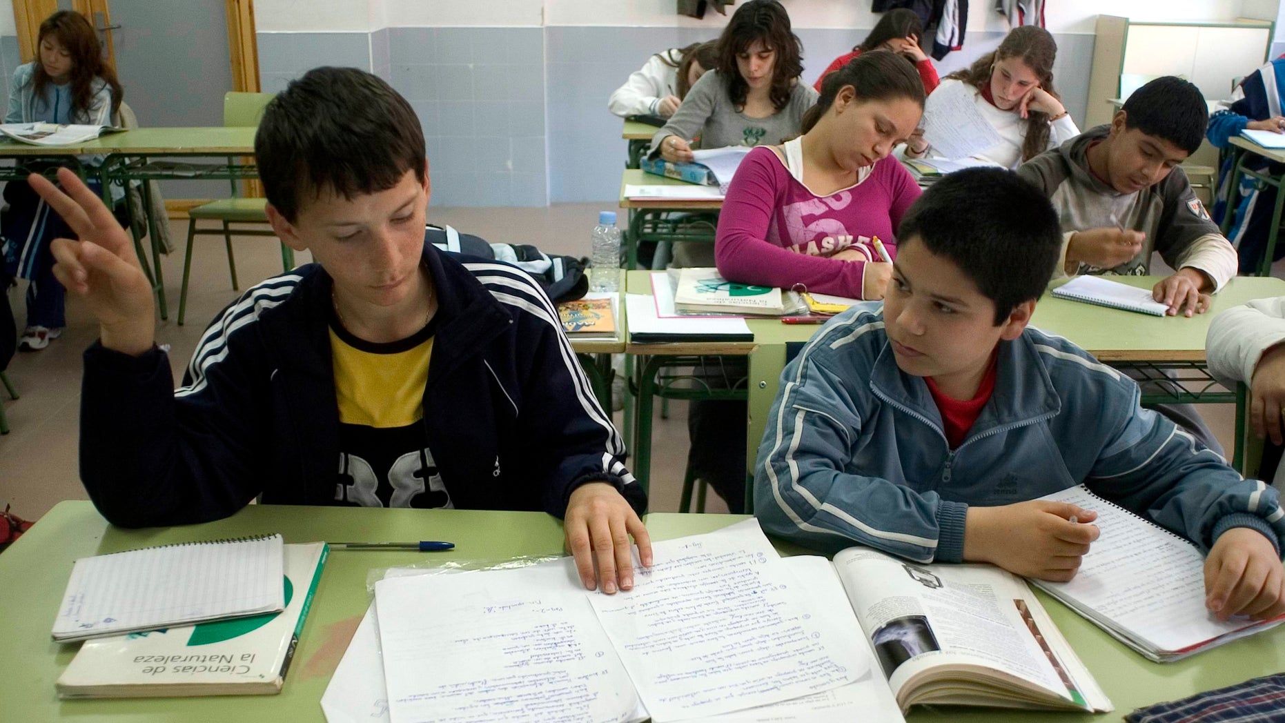Inmigrants at school. Inmigrant children from several nacionalities in a Madrid school. (Photo by Mariana Silvia Eliano/Cover/Getty Images)
