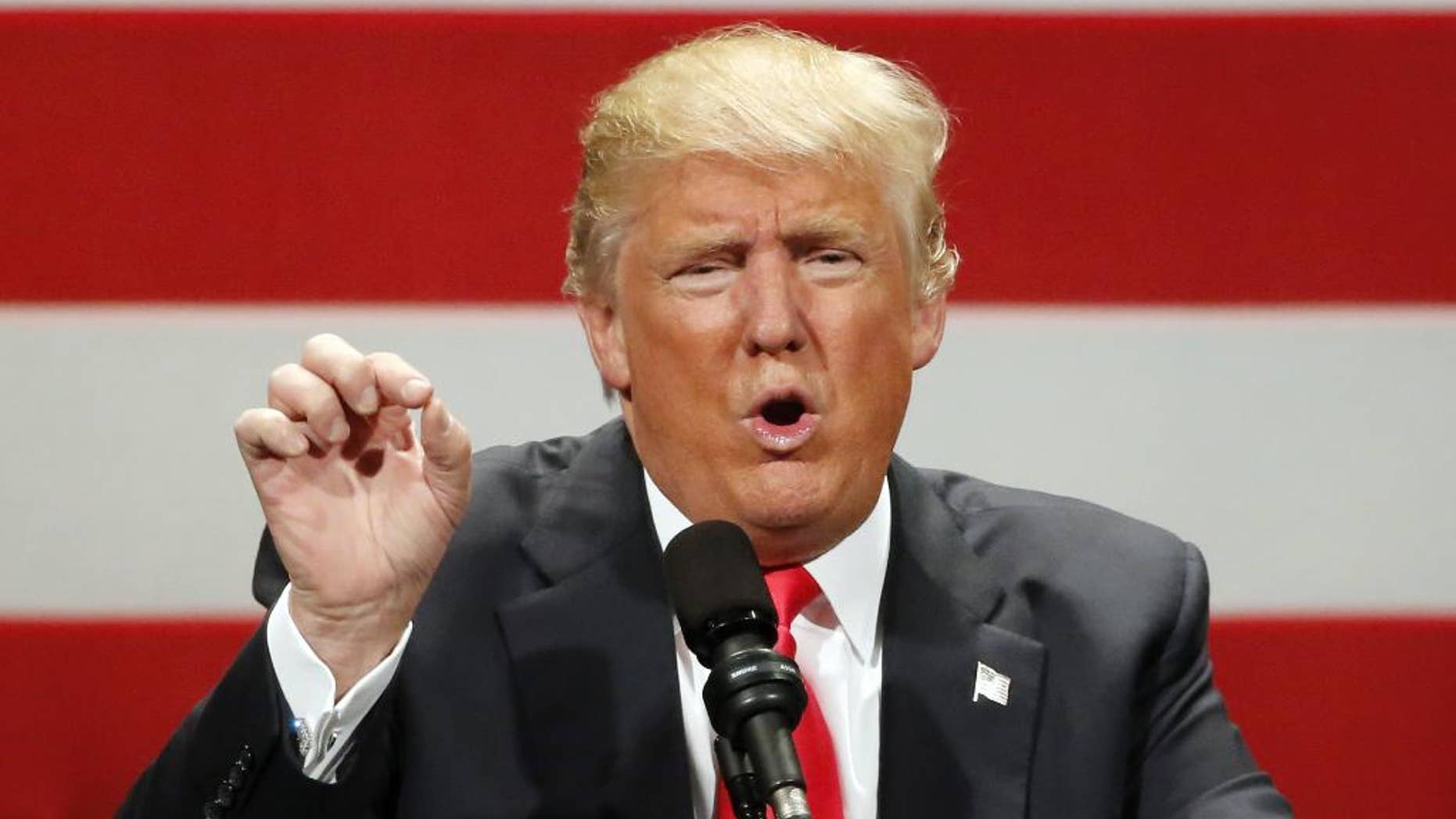 Republican presidential candidate Donald Trump speaks at a rally at the Milwaukee Theatre Monday, April 4, 2016, in Milwaukee. (AP Photo/Charles Rex Arbogast)