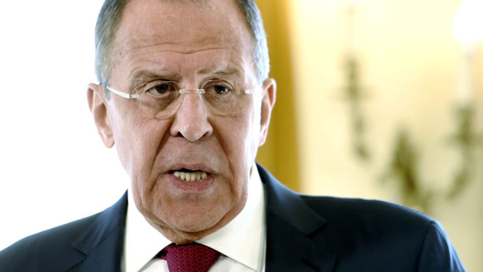 Russian Foreign Minister Sergei Lavrov is seen during the joint press conference with his Finnish counterpart Timo Soini at Hotel Haikko Manor in Porvoo, Finland