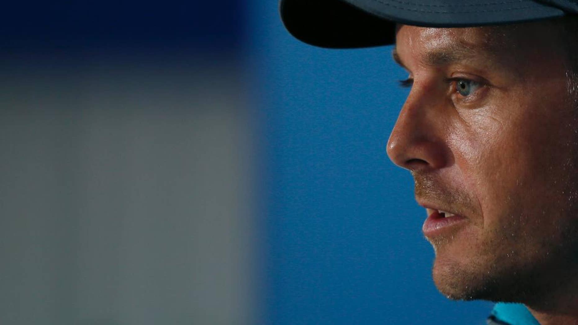Henrik Stenson of Sweden talks during a press conference ahead of the British Open Golf championship at the Royal Liverpool golf club, Hoylake, England, Wednesday July 16, 2014. The British Open Golf championship starts Thursday July 17. (AP Photo/Alastair Grant)