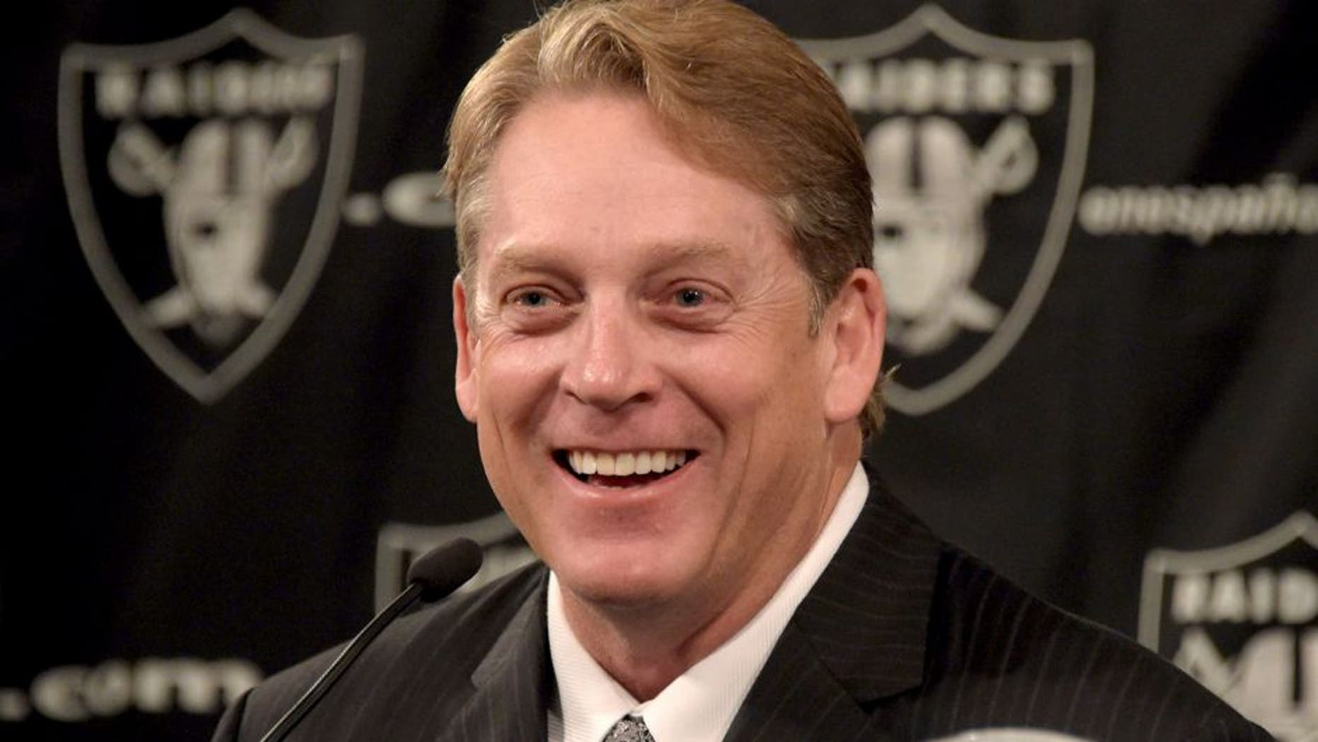 Jan 16, 2015; Alameda, CA, USA; Jack Del Rio at press conference to announce his hiring as Oakland Raiders head coach at the Raiders practice facility. Mandatory Credit: Kirby Lee-USA TODAY Sports