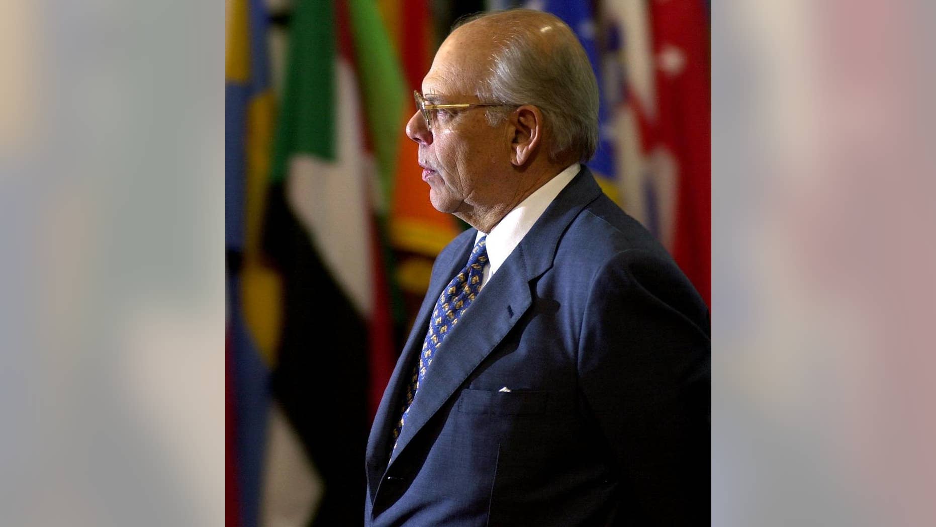 FILE - In this March 21, 2002 file photo, Uruguay's President Jorge Batlle arrives for the United Nations International Conference on Financing for Development in Monterrey, Mexico. Doctors say the former president was reported in critical condition following surgery on Friday, Oct. 14, 2016 after he fainted and struck his head. (AP Photo/Tomas Munita, File)