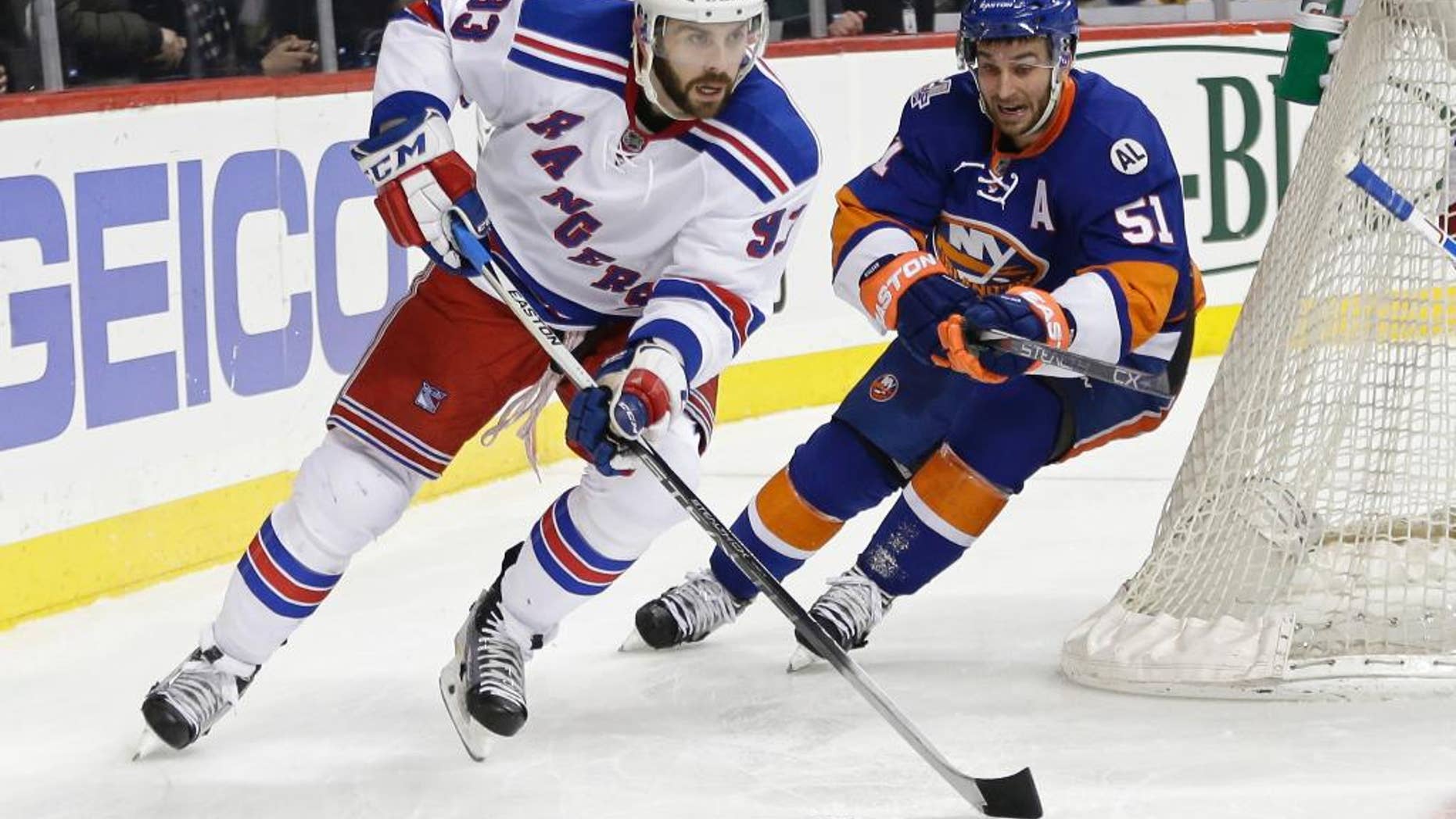 FILE - In this Jan. 14, 2016, file photo, New York Rangers' Keith Yandle (93) works with the puck as New York Islanders' Frans Nielsen (51) follows during an NHL hockey game in New York. Yandle signed with the Florida Panthers early Thursday, June 23, three days after the team acquired the high-scoring defenseman’s negotiating rights in a trade with the Rangers. The Panthers sent a sixth-round pick in the draft this week to the Rangers on Monday, and now owes New York a fourth-round pick next year after successfully signing the 29-year-old Yandle. He was set to become an unrestricted free agent July 1. (AP Photo/Frank Franklin II, File)