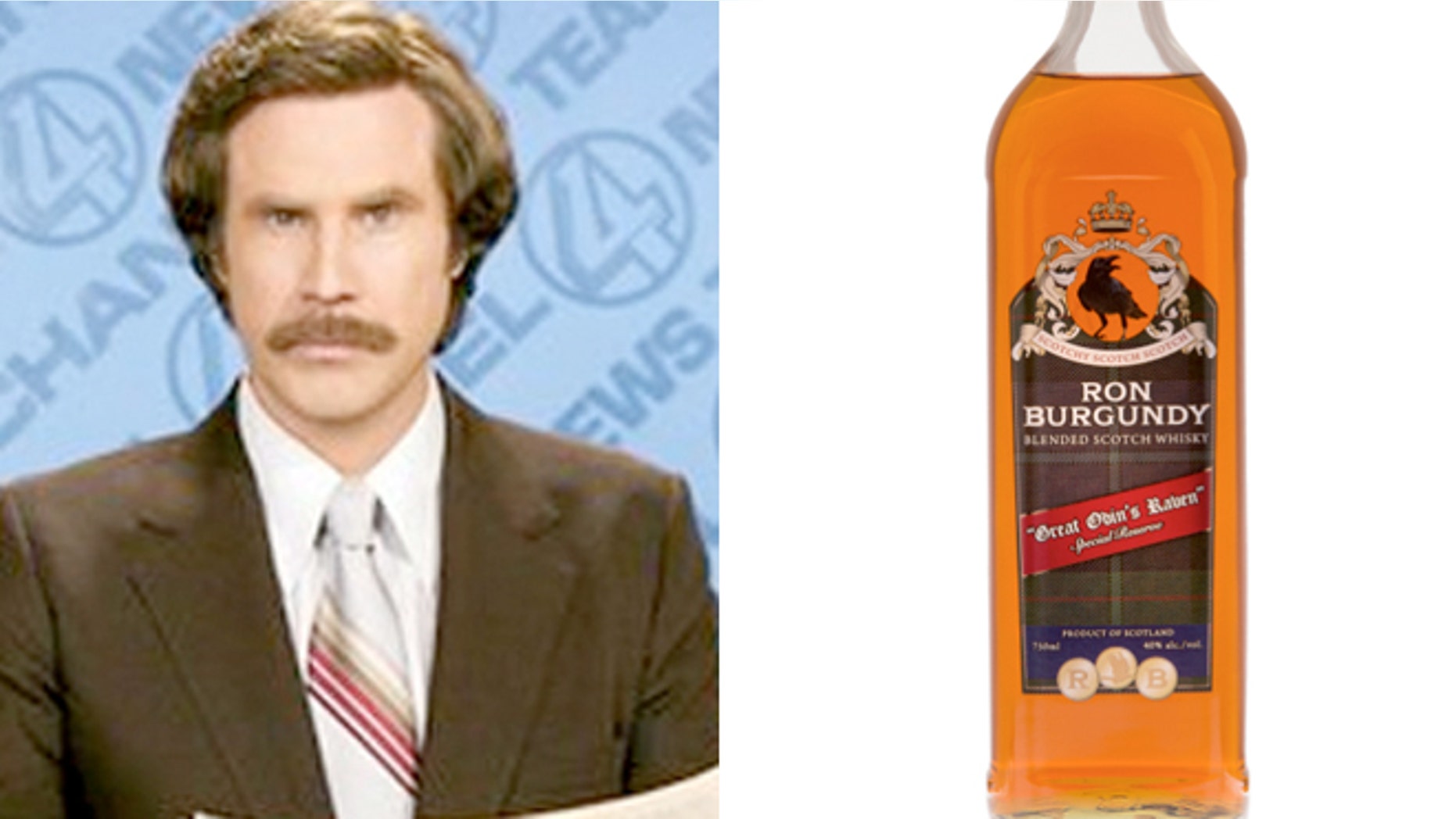 Ron Burgundy Blended Scotch Whisky is bottled in Scotland from a 60 percent malt and 40 percent grain blend by Old St. Andrews Distillery, featuring whiskies from Speyside, Highlands and Islay.