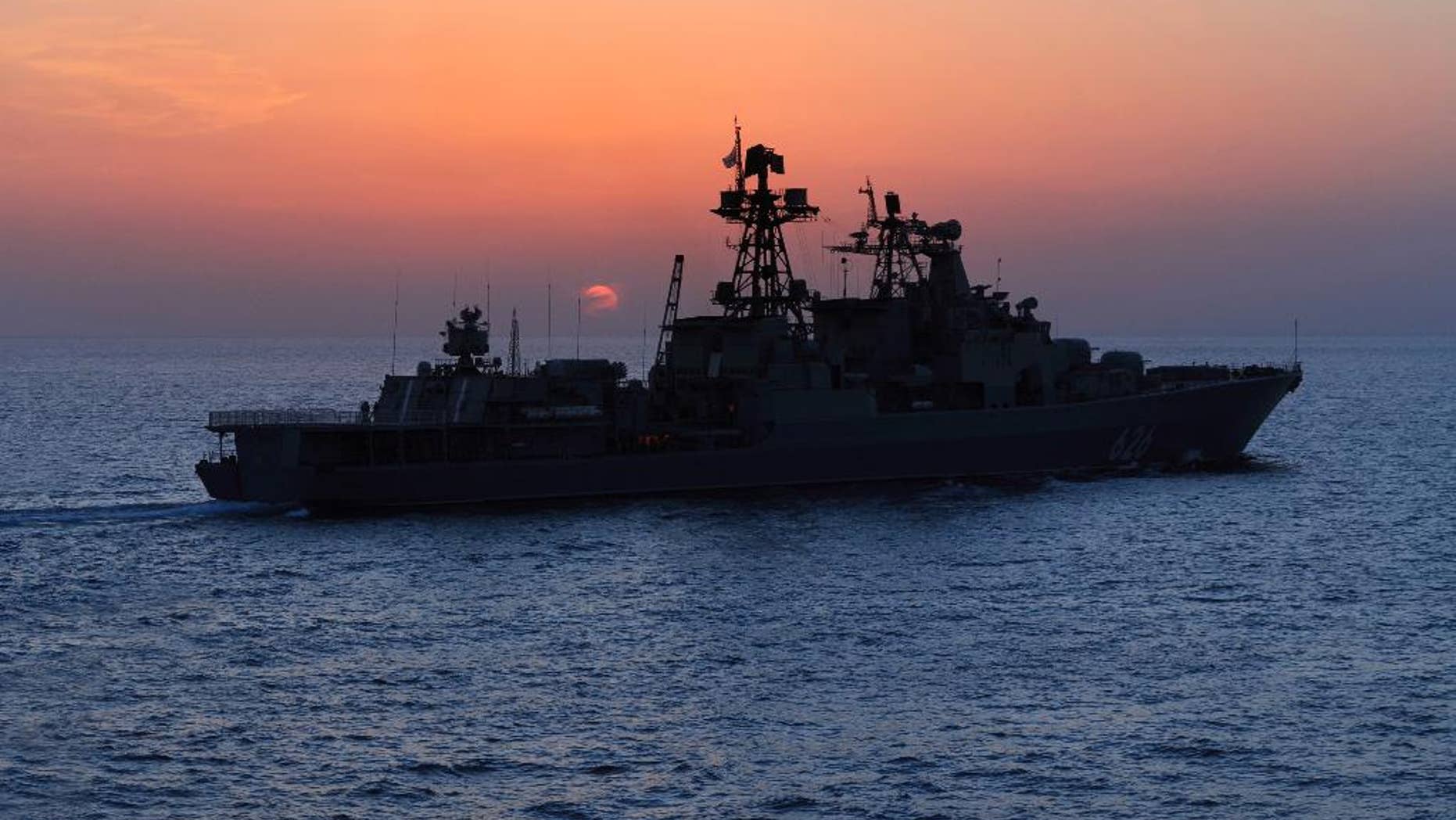 FILE In this Thursday, Jan. 21, 2016 file photo, the Russian navy destroyer Vice Admiral Kulakov on patrol in eastern Mediterranean. The Russian Defense Ministry says two Russian navy destroyers, the Vice Admiral Kulakov and the Severomorsk, drove away a Dutch submarine which was shadowing the Russian navy carrier group in Eastern Mediterranean on Wednesday Nov. 9, 2016. (Vadim Savitsky/Russian Defense Ministry Press Service via AP, file)