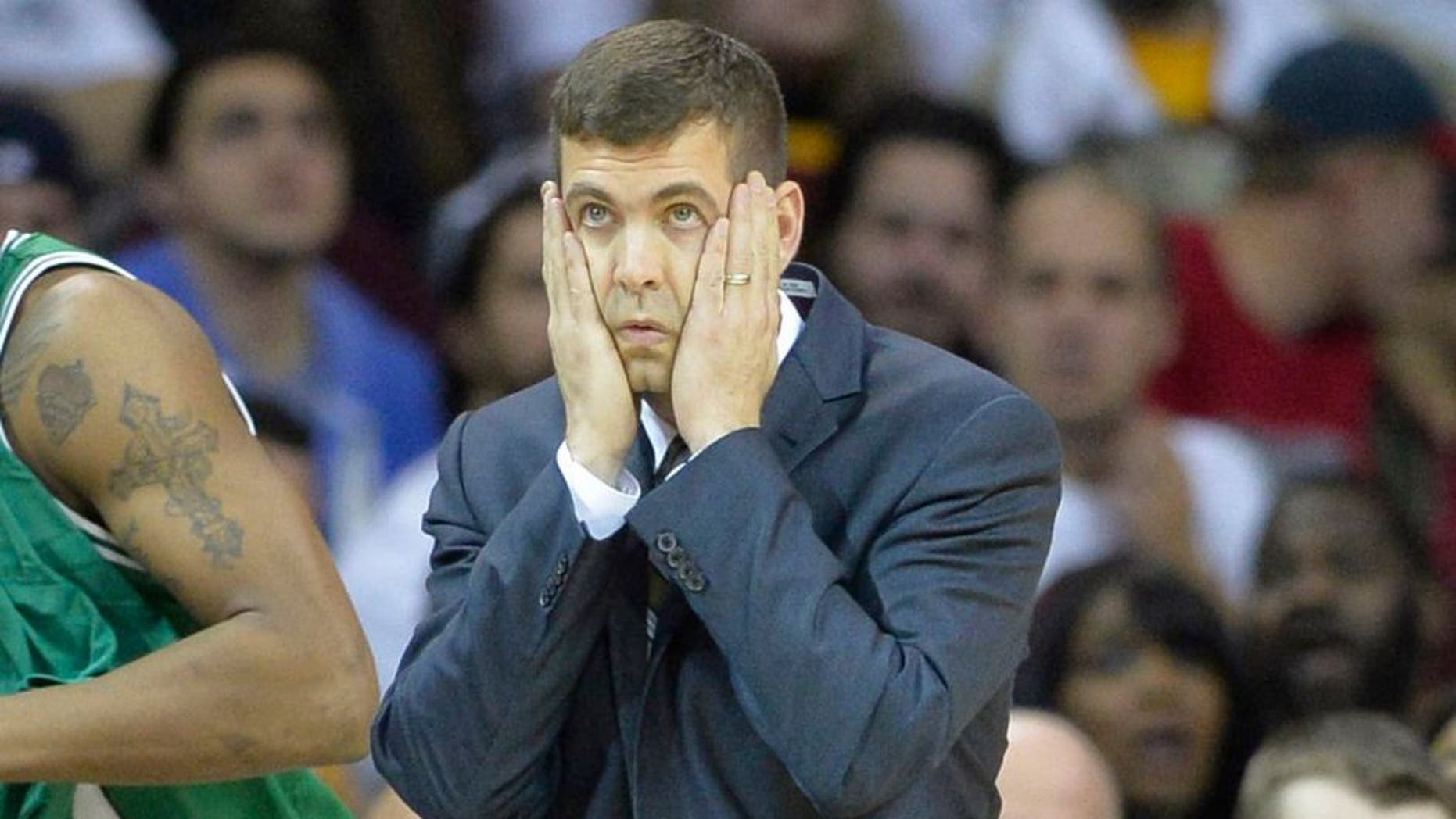 Apr 21, 2015; Cleveland, OH, USA; Boston Celtics head coach Brad Stevens reacts in the fourth quarter against the Cleveland Cavaliers in game two of the first round of the NBA Playoffs at Quicken Loans Arena. Mandatory Credit: David Richard-USA TODAY Sports