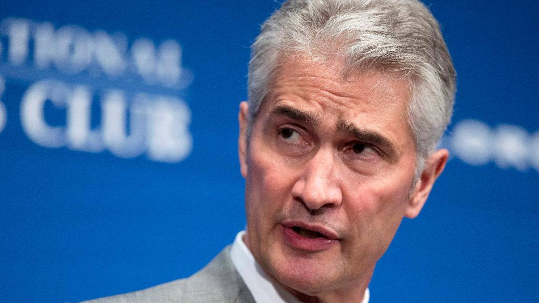 FILE - In this May 15, 2015, file photo, United Airlines Chairman, President and Chief Executive Officer Jeff Smisek, speaks during a panel discussion on unfair international competition at the National Press Club in Washington. United Airlines said Tuesday, Sept. 8, 2015, that Smisek has stepped down as CEO, chairman and president effective immediately and has named Oscar Munoz as president and chief executive officer. (AP Photo/Manuel Balce Ceneta, File)