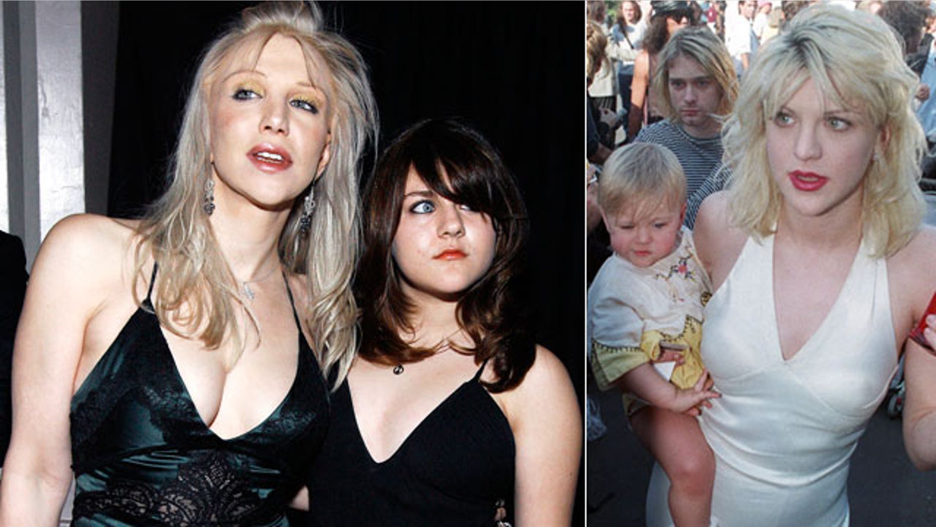 Frances Bean Cobain with mom Courtney Love (l) in 2007 and mom and dad Kurt Cobain (r) in 1994.