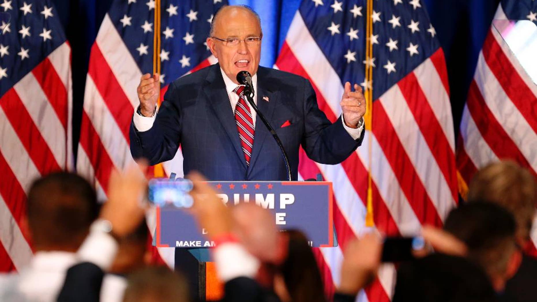 Former New York Mayor Rudy Giuliani speaks before Republican Presidential candidate Donald Trump in Youngstown, Ohio, Monday, Aug. 15, 2016. (AP Photo/Gerald Herbert)