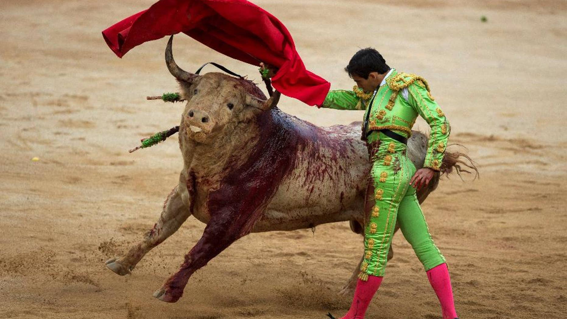 Spanish bullfighter Jimenez Forte performs with a Fuente Ymbro ranch fighting bull during a bullfight of the San Fermin festival in Pamplona, Spain, Saturday, July 12, 2014. Revelers from around the world arrive to Pamplona every year to take part in some of the eight days of the running of the bulls. (AP Photo/Andres Kudacki)