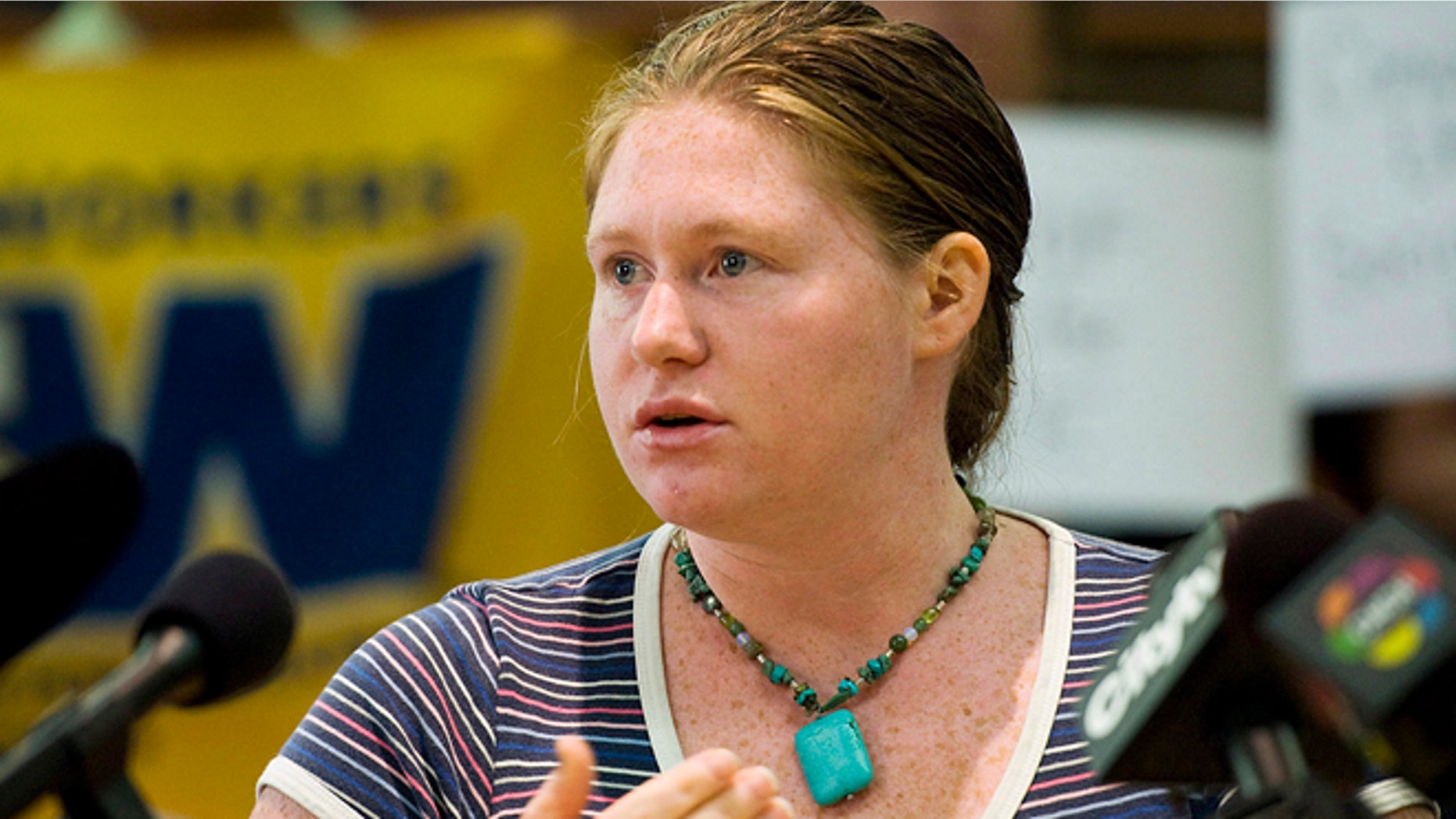 In a Friday, August 31, 2012 photo, United States Iraq war resister Kimberly Rivera speaks at a press conference in Toronto.
