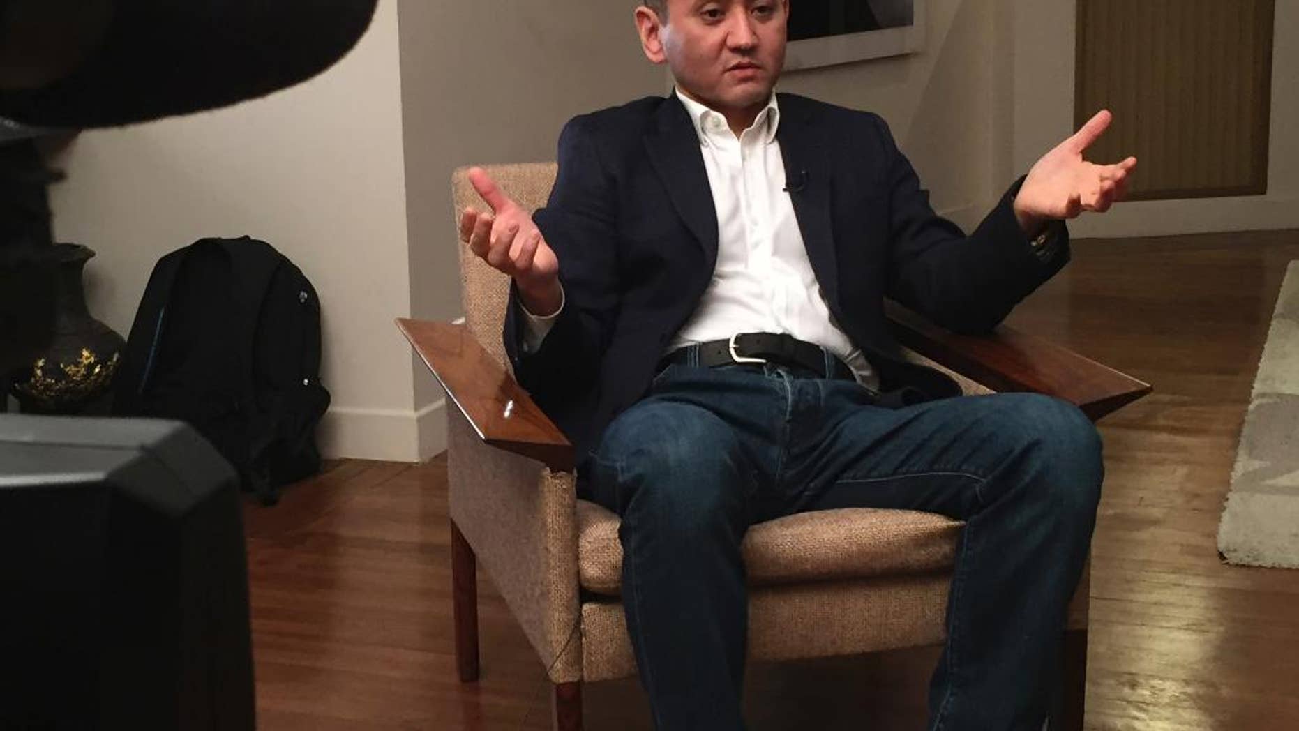 Kazakh banker Mukhtar Ablyazov answers the Associated Press in Paris, Thursday Dec. 15, 2016. Freshly freed from a French prison after years fighting embezzlement charges, Ablyazov is pursuing what he calls his "life goal": regime change in his energy-rich Central Asian country. (AP Photo/Alexander Turnbull)