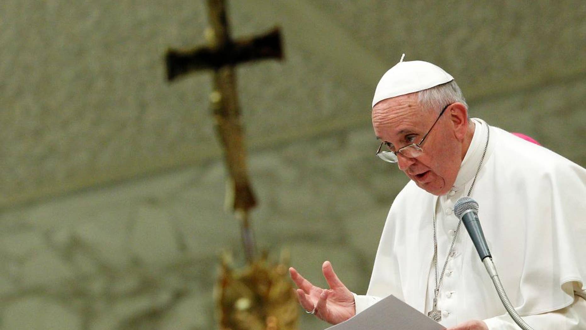 Pope Francis delivers his speech during an audience for followers of the Neocatechumenal Way in the Paul VI hall at the Vatican, Friday, March 6, 2015. (AP Photo/Riccardo De Luca)
