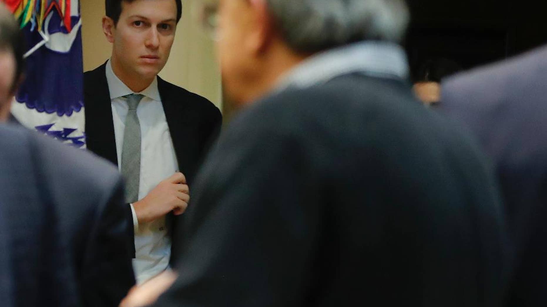 FILE - In this Jan. 24, 2017 file photo, White House Senior Adviser Jared Kushner arrives for a meeting between President Donald Trump and automobile leaders in the Roosevelt Room of the White House in Washington. (AP Photo/Pablo Martinez Monsivais, File)