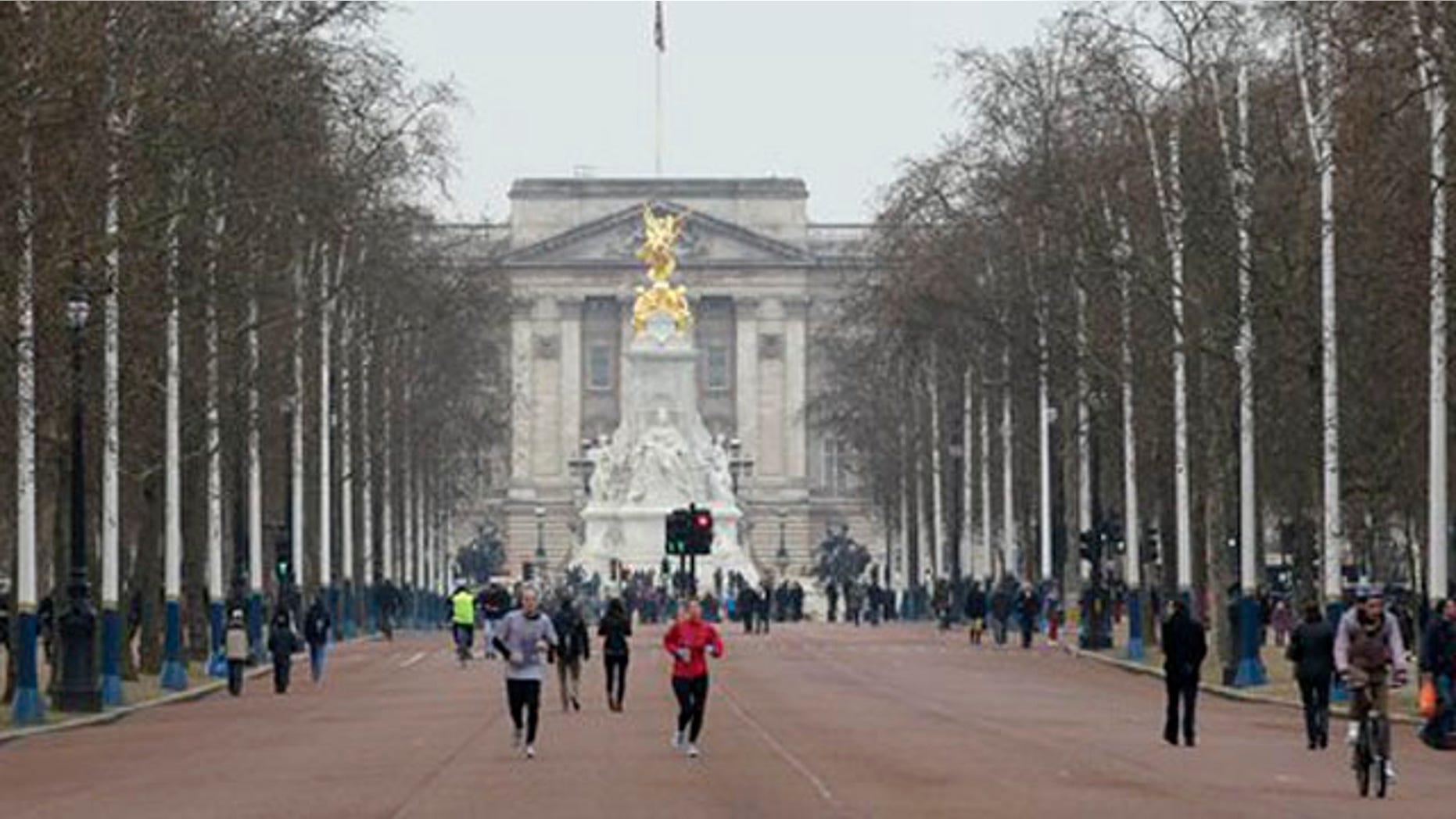 Jan. 29, 2012: People jog down the Mall from Buckingham Palace in London. The Mall will host the start and finish of London 2012 Olympic marathon, race walk and road cycling competitions with most sections of the courses free to watch.