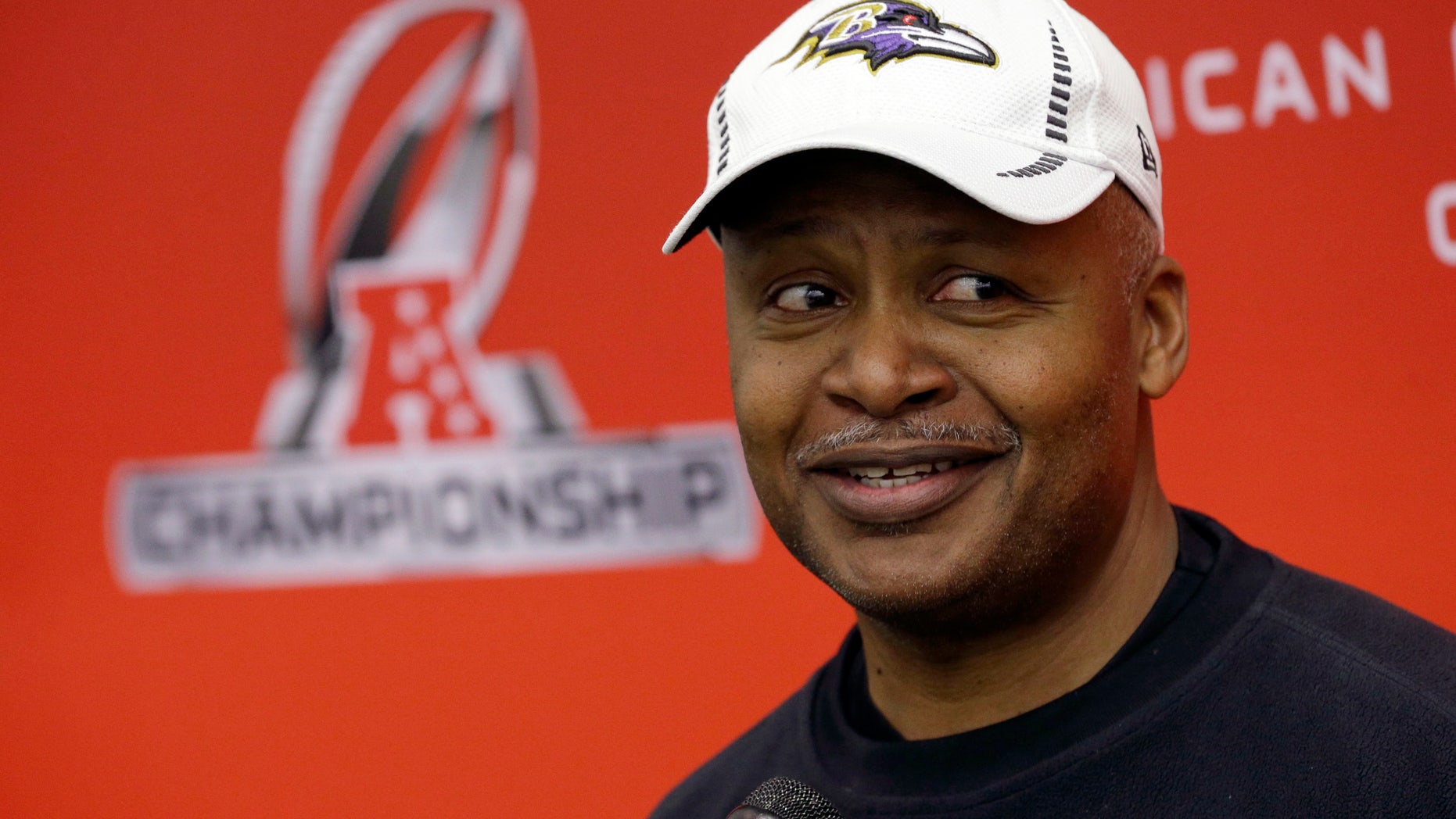Baltimore Ravens offensive coordinator Jim Caldwell speaks during a news conference at the team's practice facility in Owings Mills, Md., Thursday, Jan. 17, 2013. The Ravens are scheduled to face the New England Patriots in the AFC Championship on Sunday. (AP Photo/Patrick Semansky)