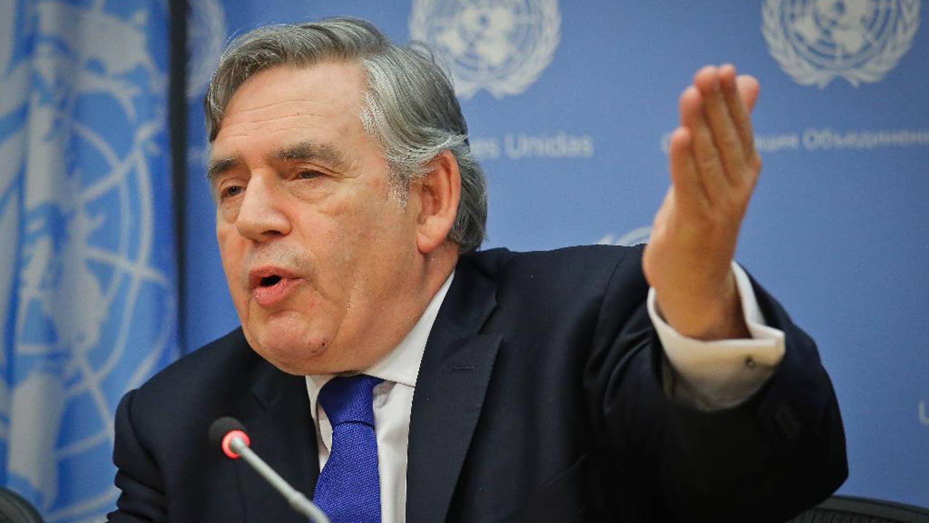 FILE - In this Sept. 16, 2016 file photo, Gordon Brown, United Nations Special Envoy for Global Education and former Prime Minister of the United Kingdom, holds a news conference at U.N. headquarters. Brown has announced at United Nations headquarters, on Thursday, Dec. 15, 2016, that he will submit a plan to the U.N. secretary-general for raising funds for guaranteed safe schools. He has also called for creation of a new international criminal court specifically for atrocities against children. (AP Photo/Bebeto Matthews)