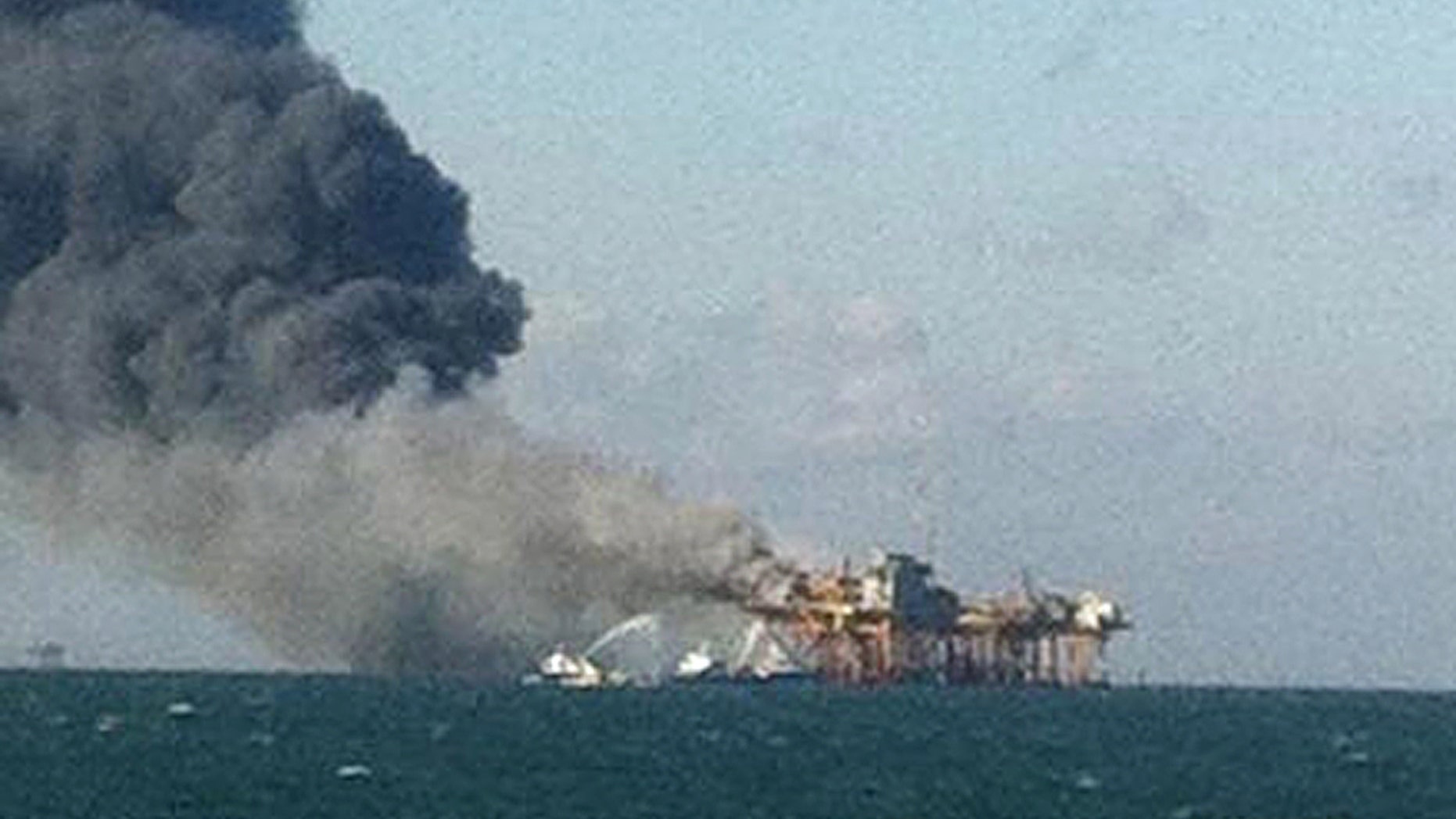 Nov. 16, 2012: In this image released by a oil field worker and obtained by the Associated Press, a fire burns on a Gulf oil platform after an explosion on the rig, in the Gulf of Mexico off the Louisiana coast.
